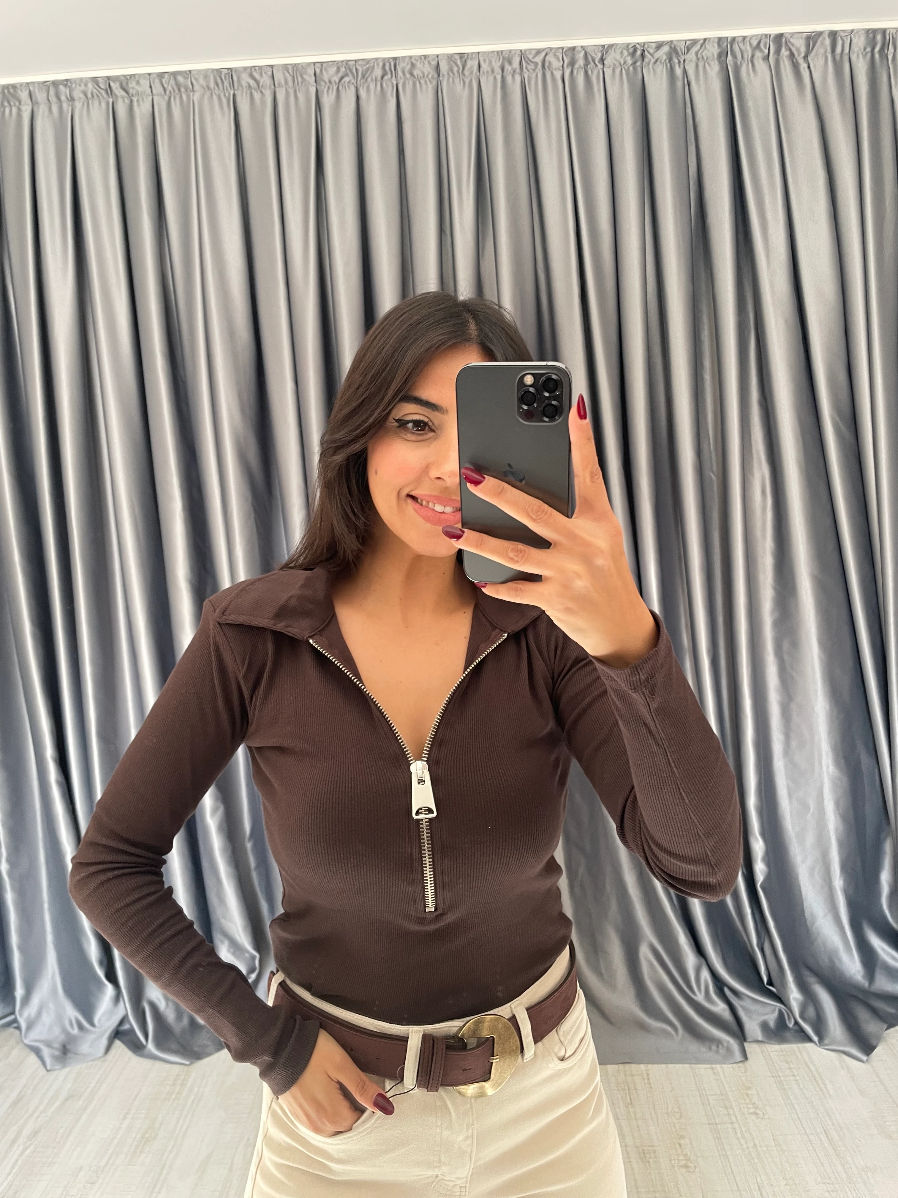 Fermuarlı Polo Yaka Bluz 