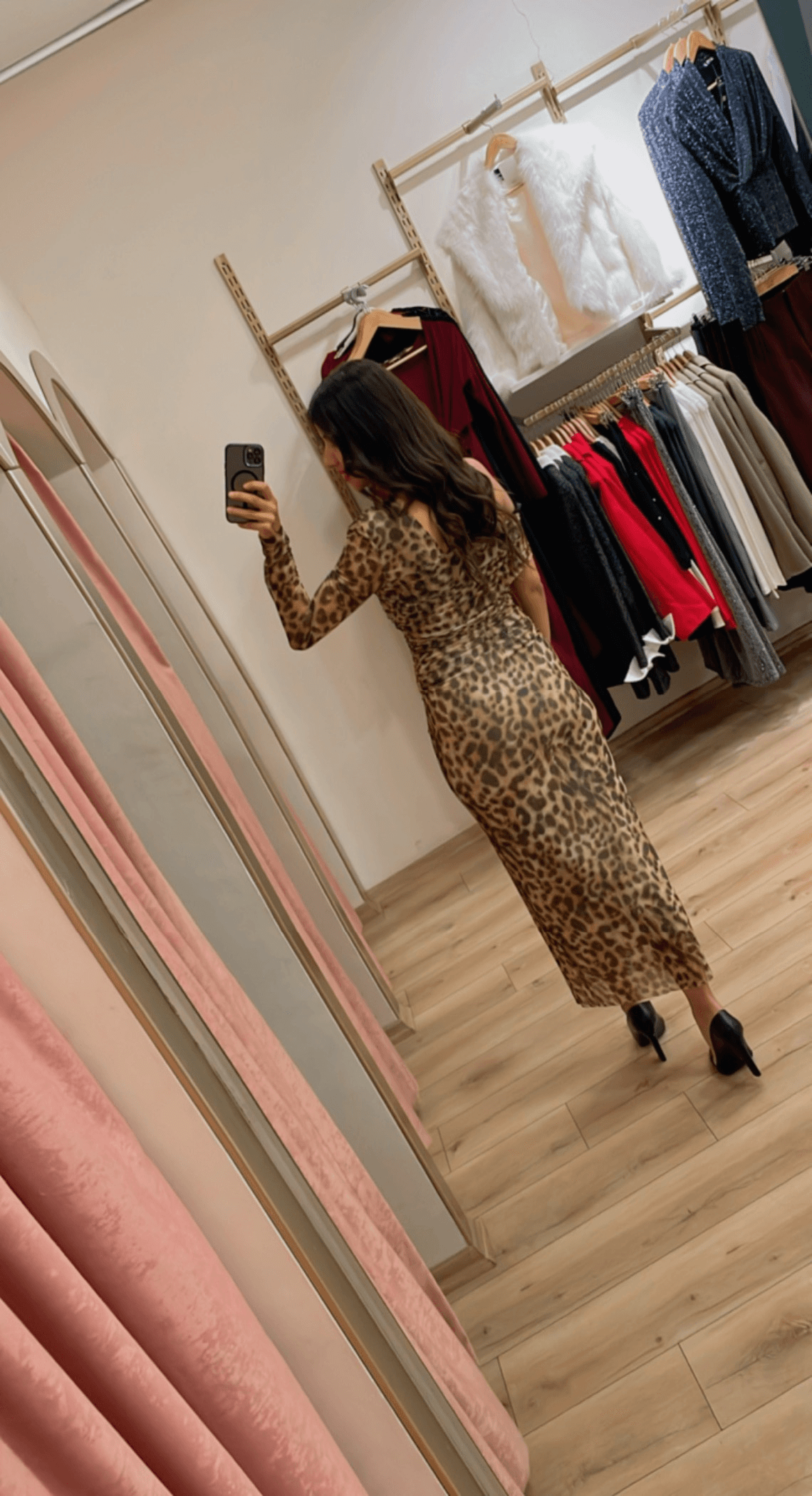 Leopar Desenli Drape Detaylı Tül Midi Elbise 