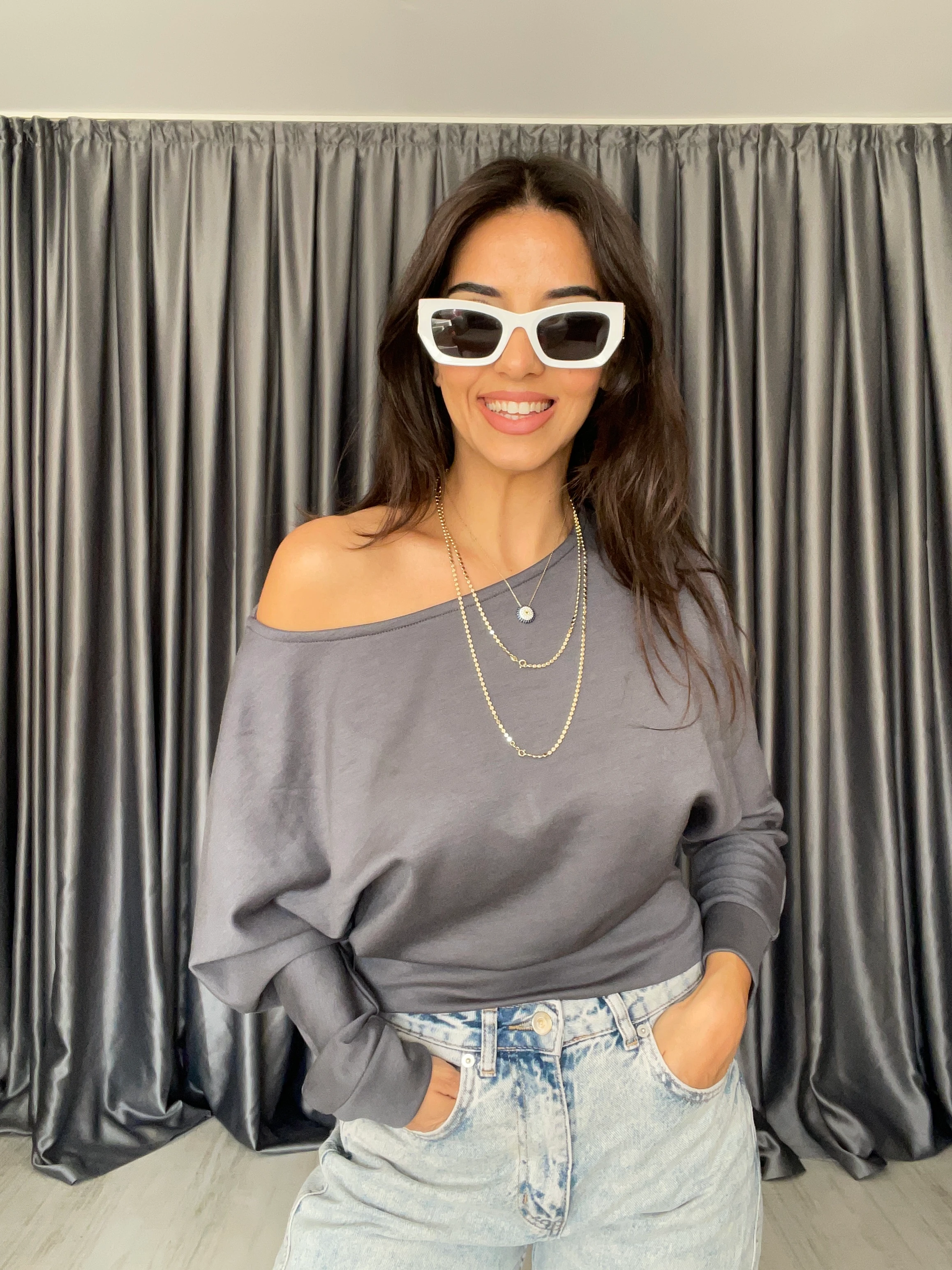 Düşük Omuz Modal Bluz  - Antrasit