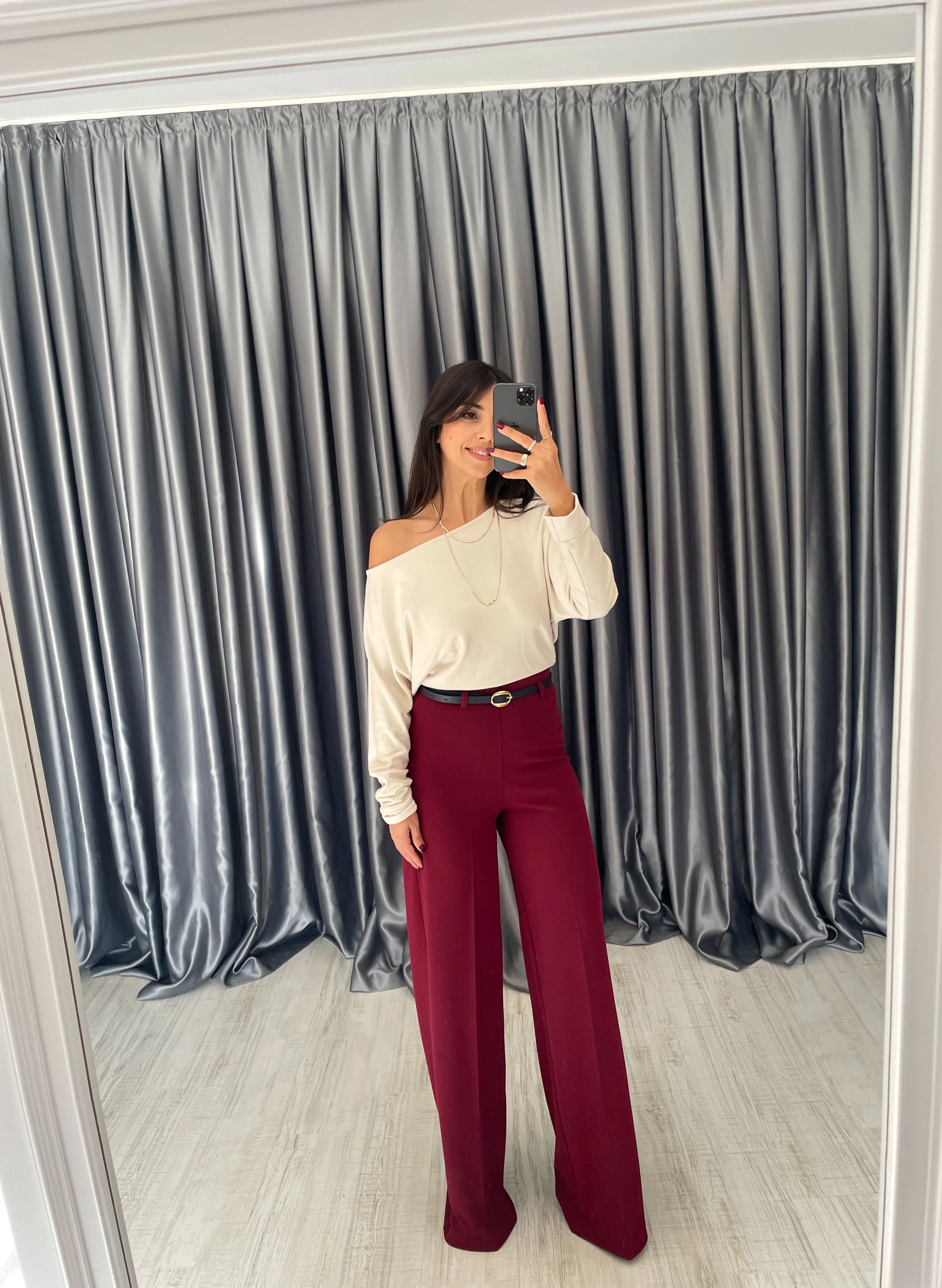 Kemerli Yanı Fermuarlı Likralı Pantolon  - Bordo