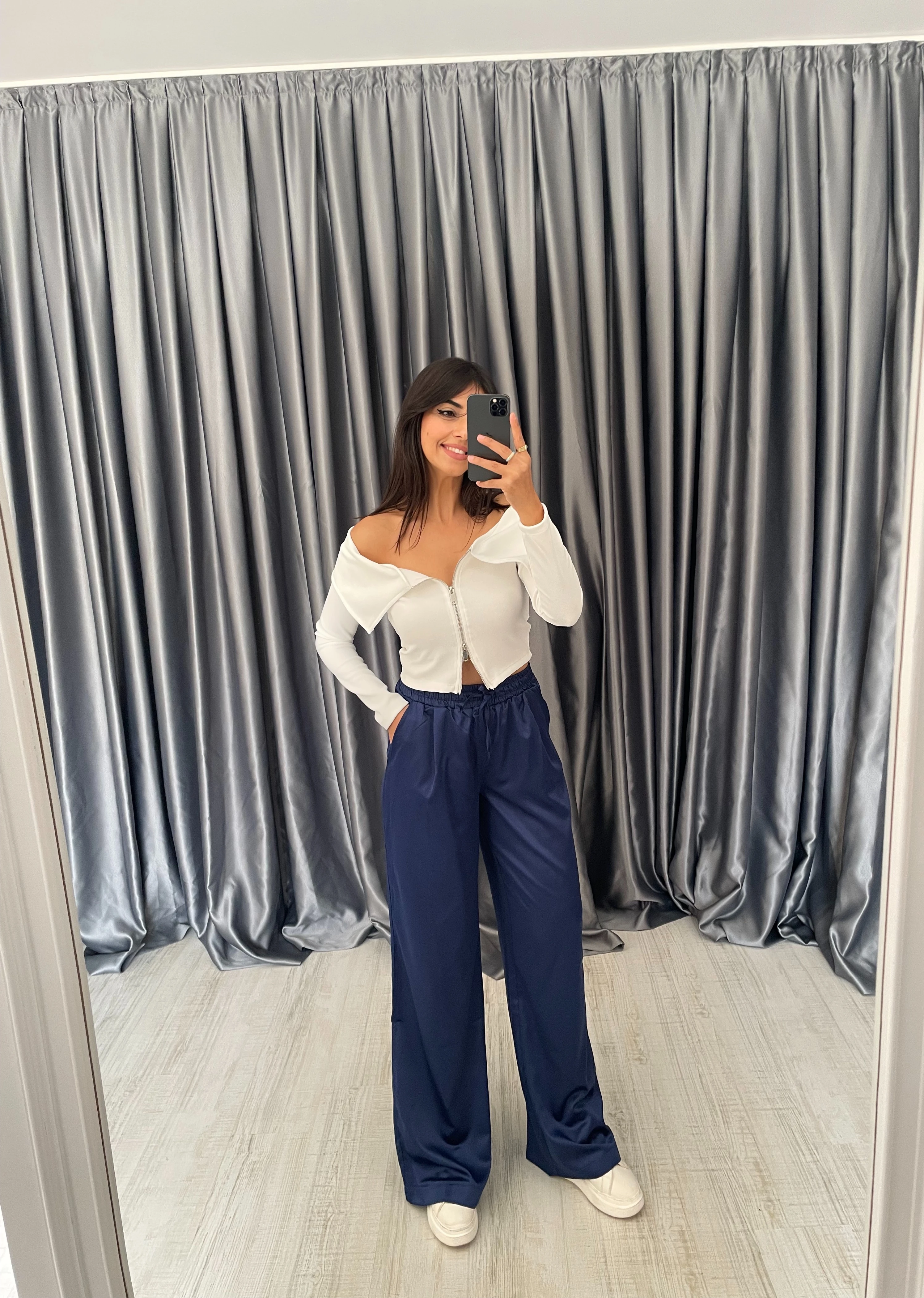 Beli Lastikli Saten Pantolon  - Lacivert