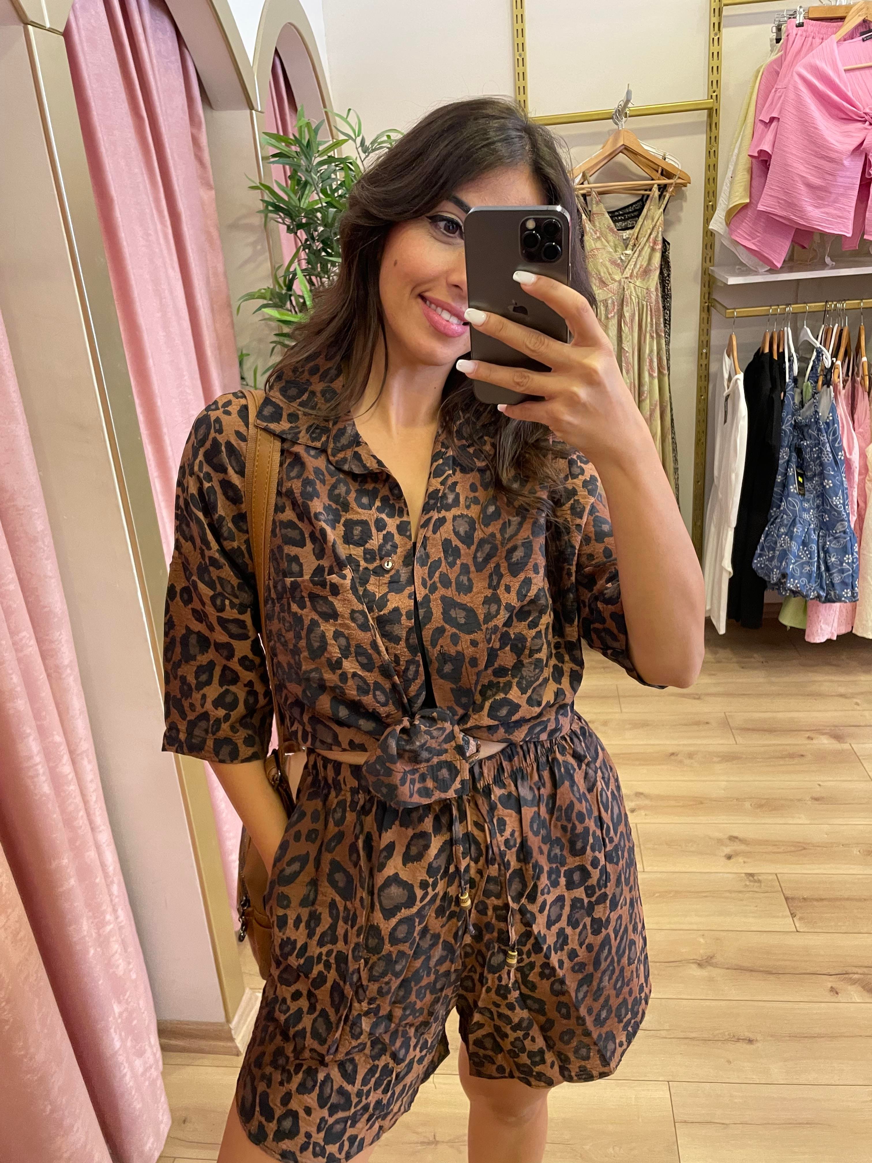 Leopar Desen Oversize Gömlek Şort Takım