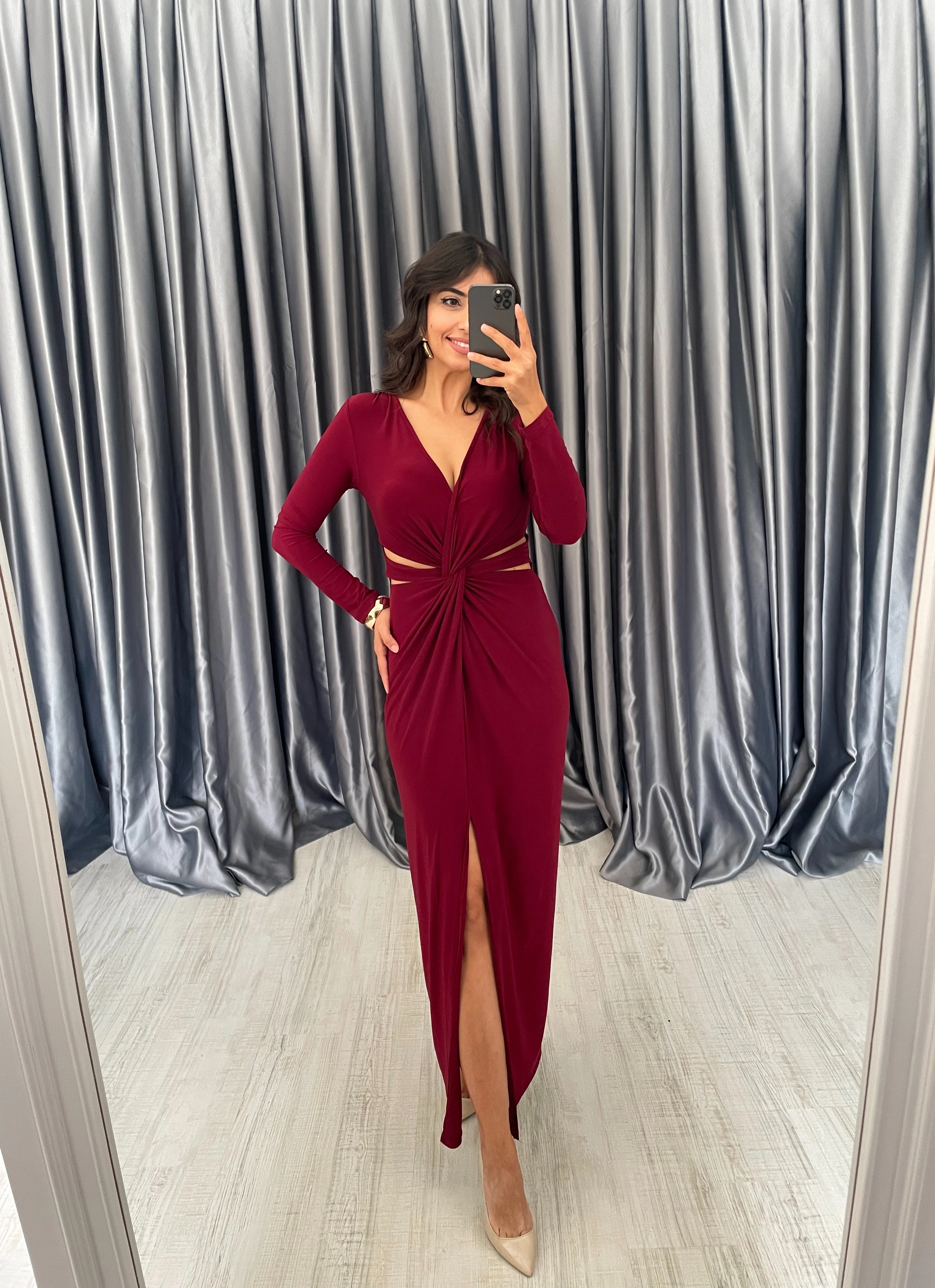 Beli Dekolteli Sandy Elbise  - Bordo