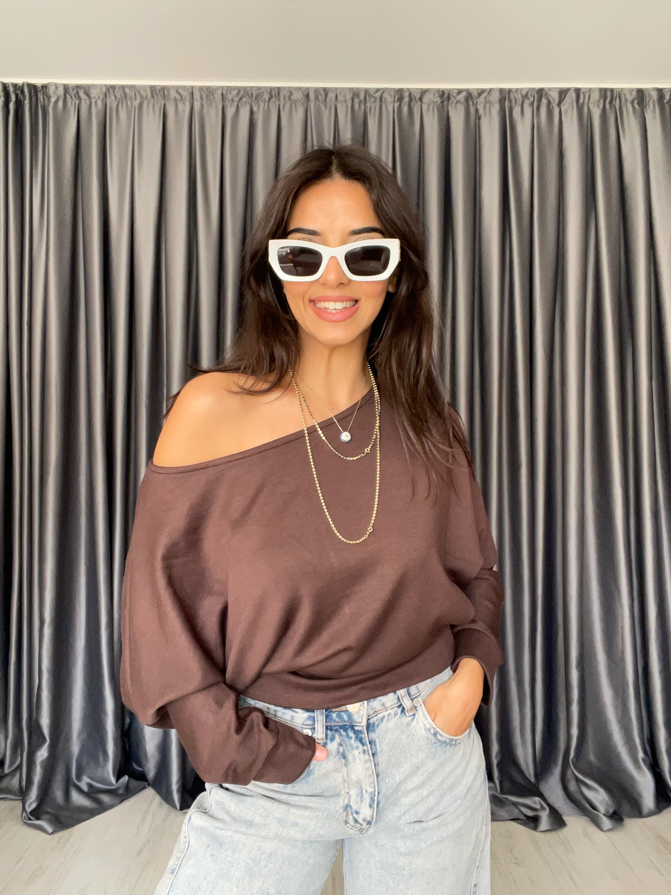 Düşük Omuz Modal Bluz  - Kahverengi