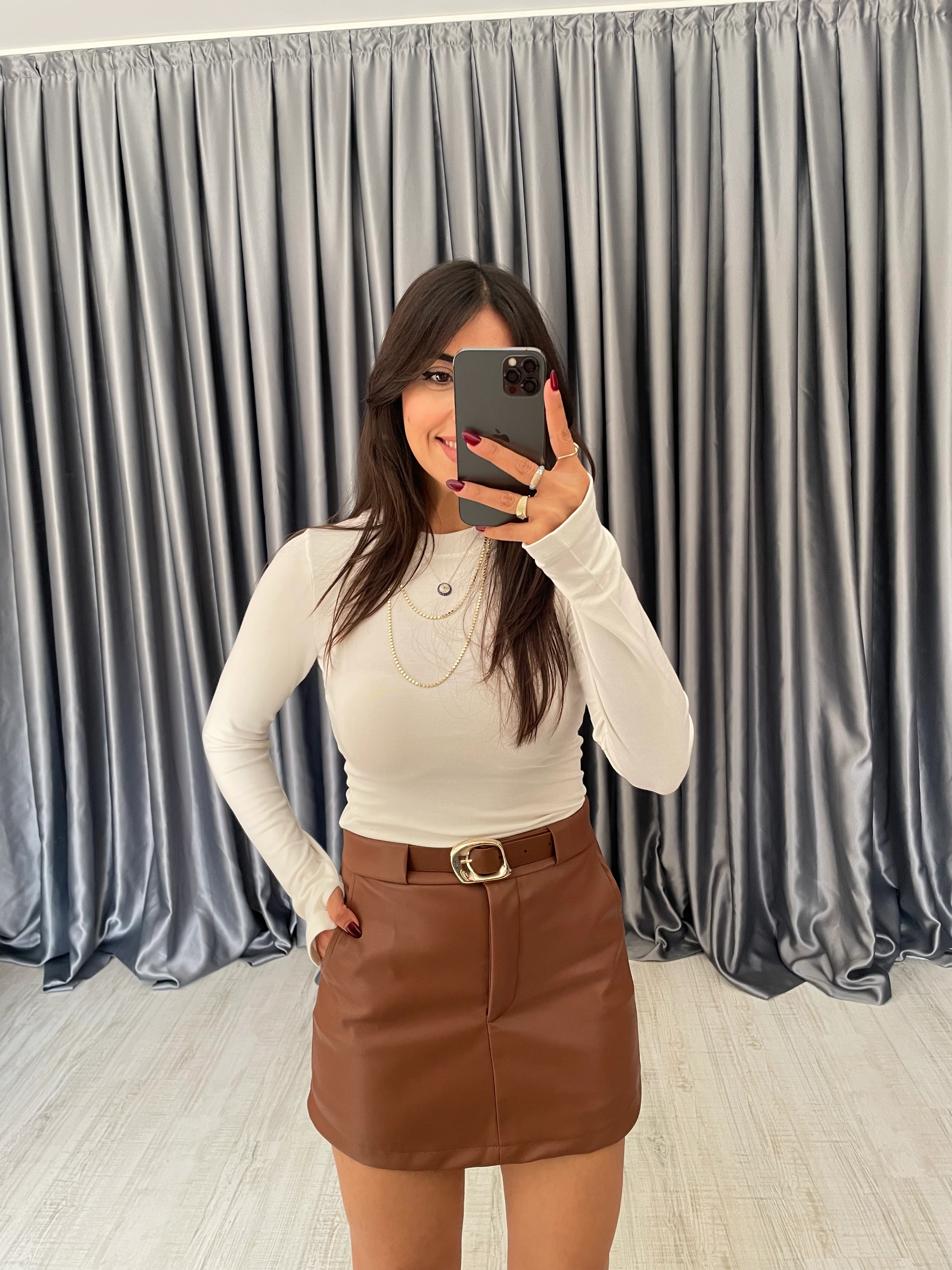 Kemer Detaylı İçi Şortlu Deri Etek  - Taba