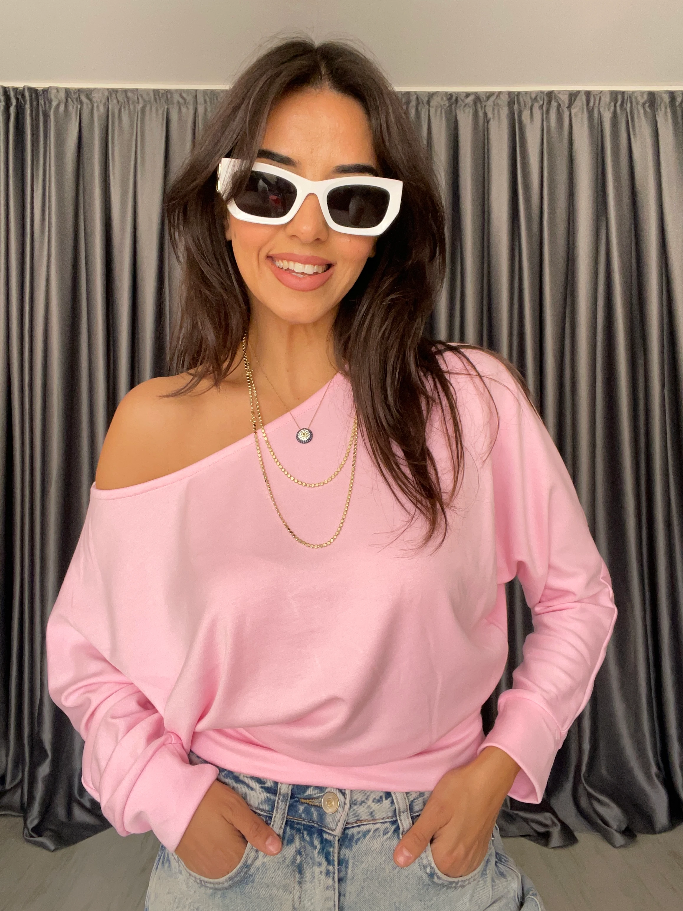 Düşük Omuz Modal Bluz  - Pembe