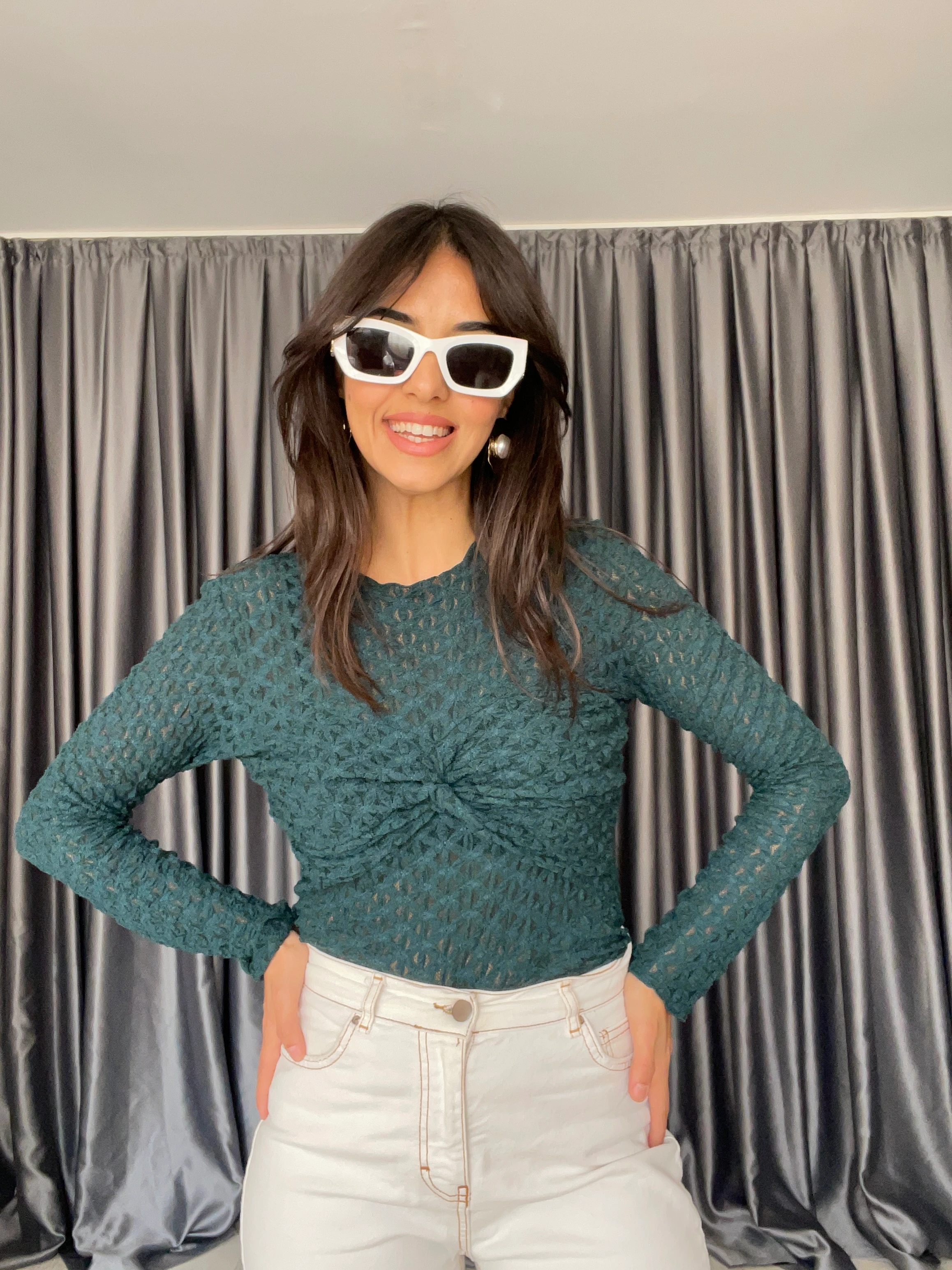 Düğümlü Dantel Bluz  - Yeşil