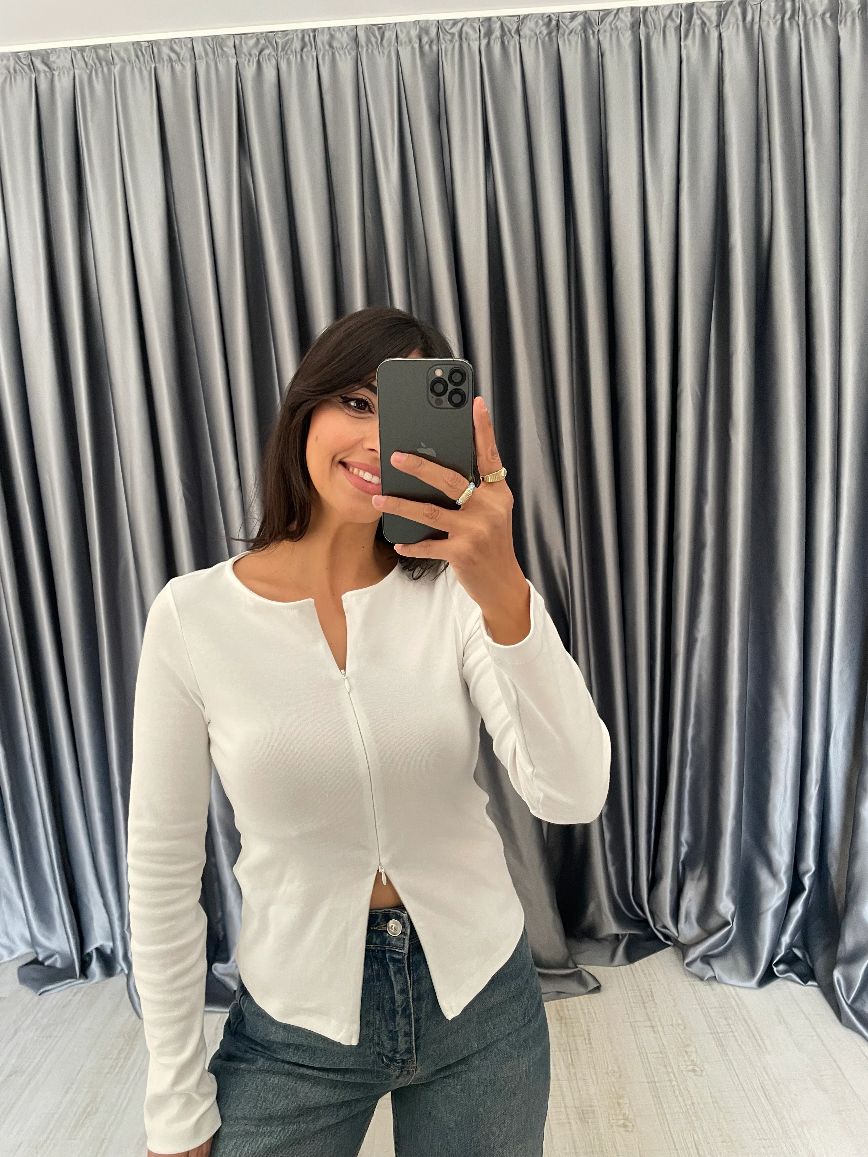 Fermuar Detaylı Uzun Kollu Bluz  - Beyaz