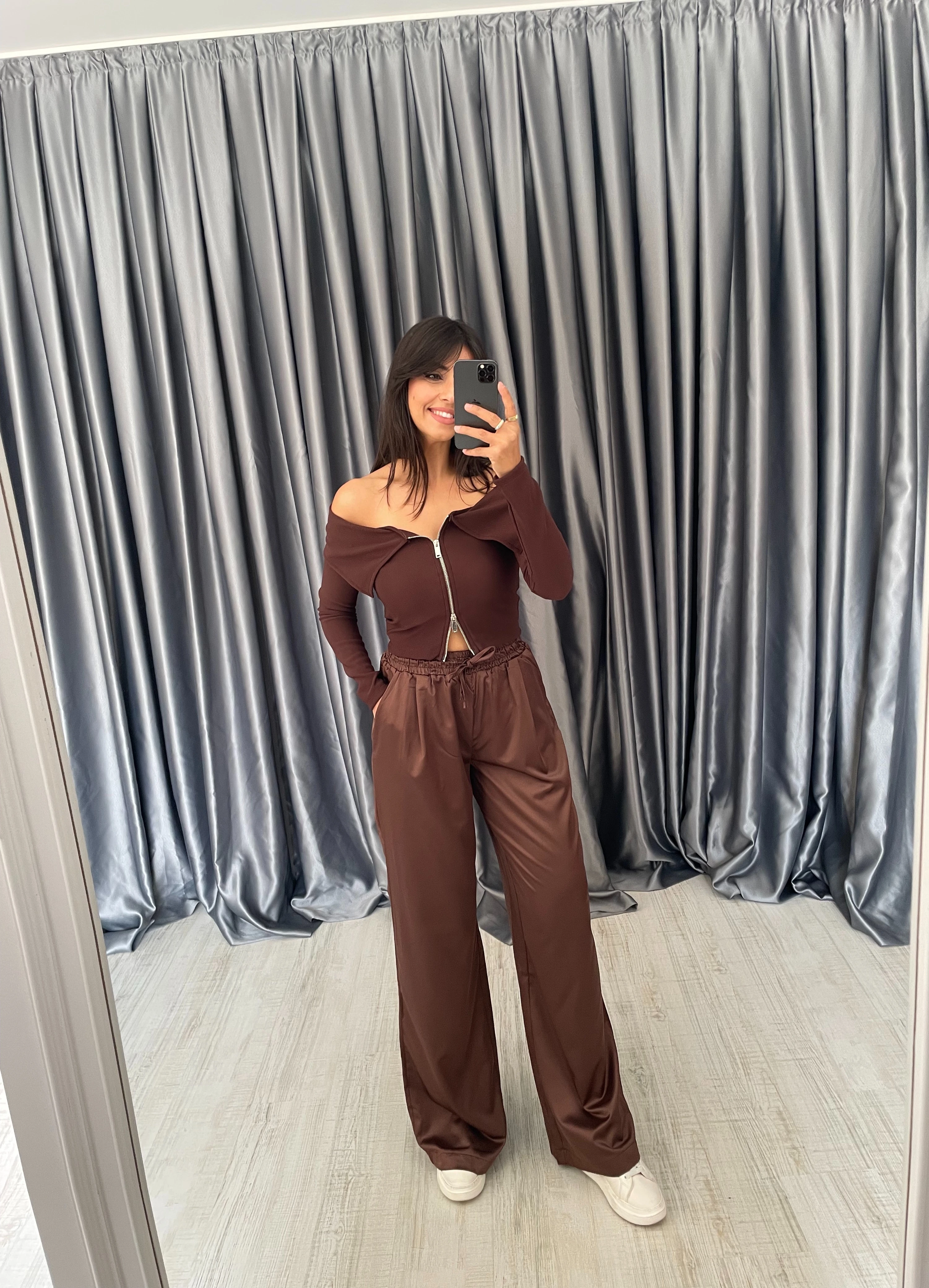 Beli Lastikli Saten Pantolon  - Kahverengi