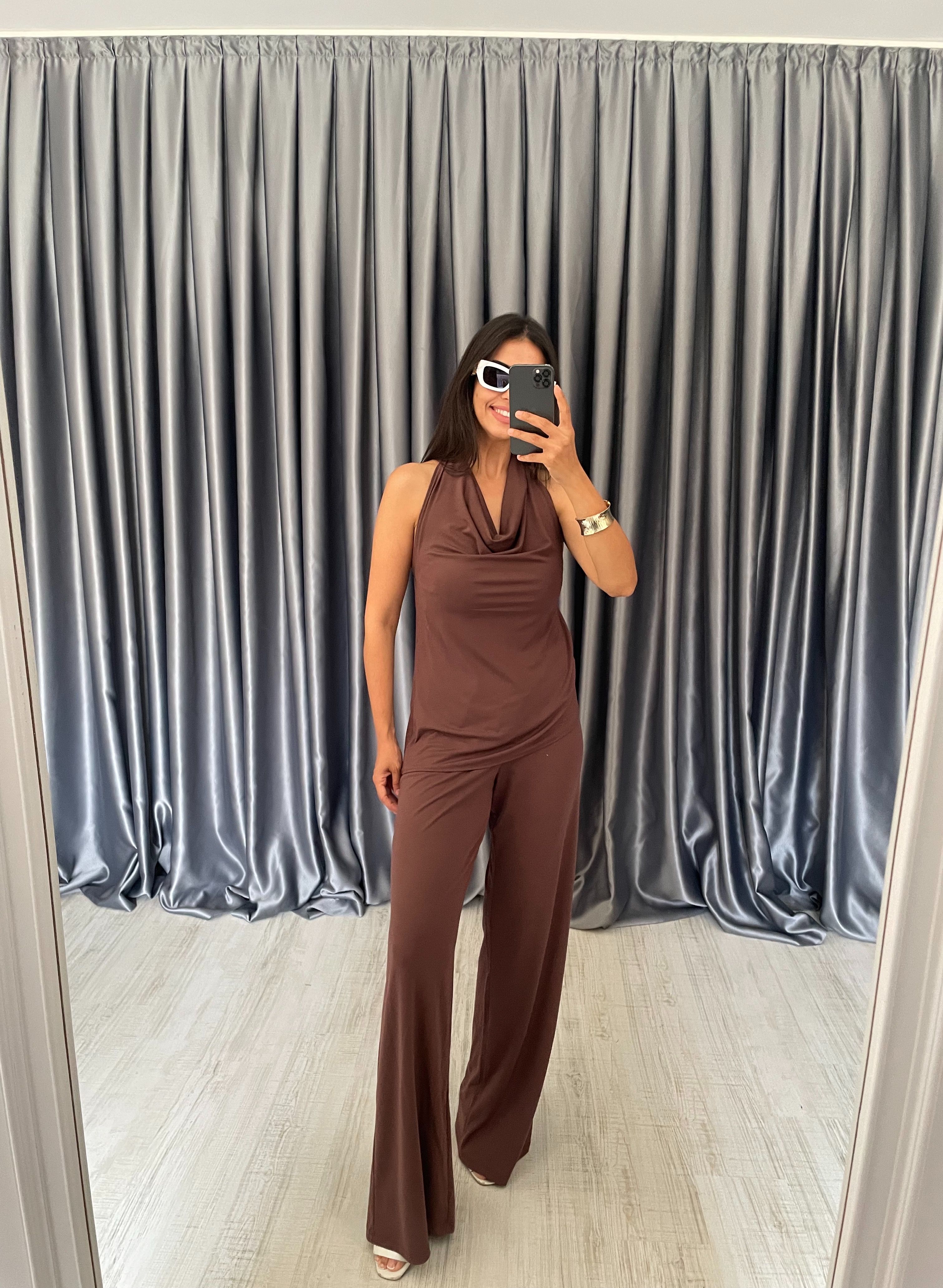 Dökümlü Bluz Pantolon Modal Takım - Kahverengi