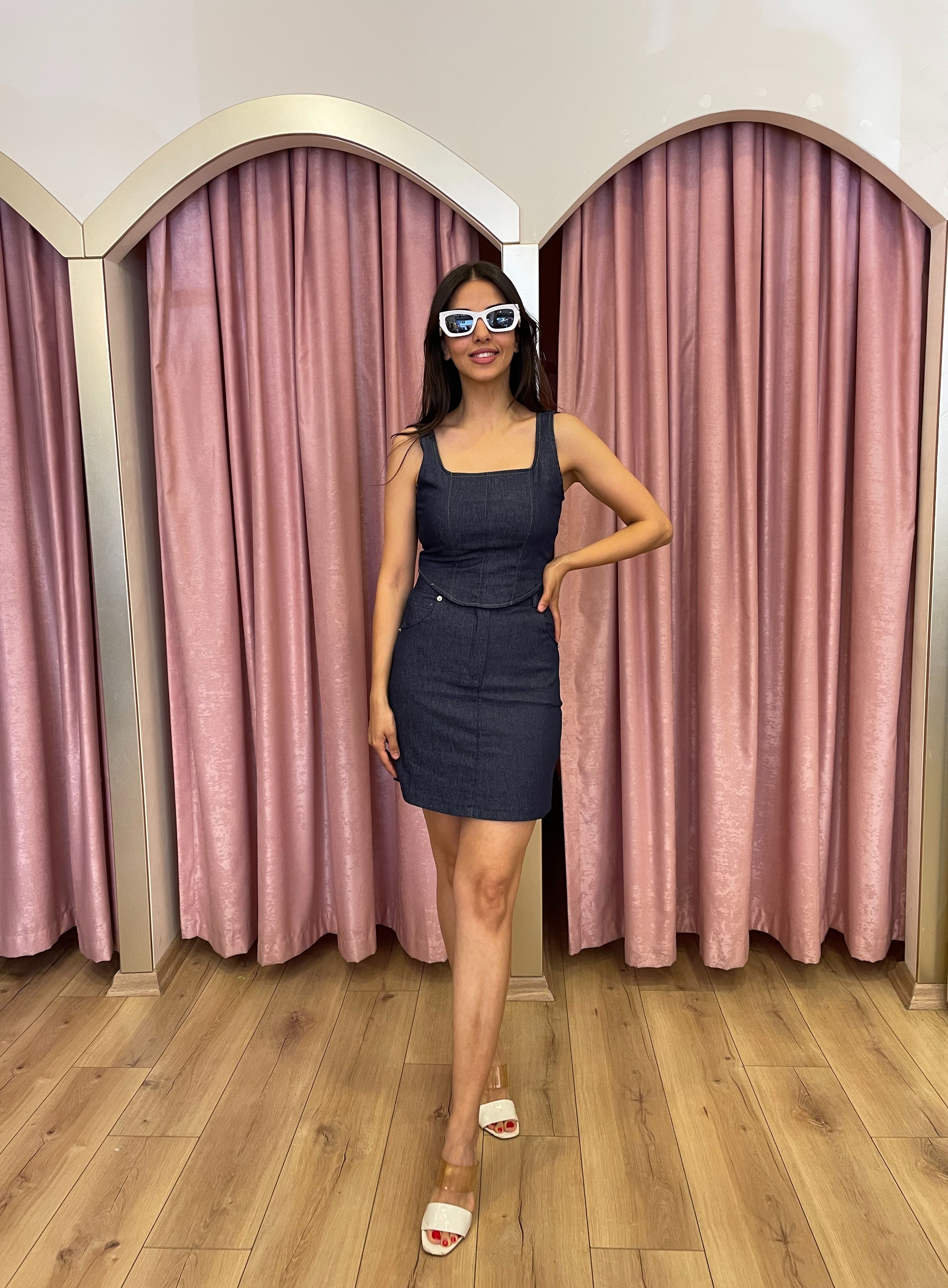 İnce Denim Likralı Etek