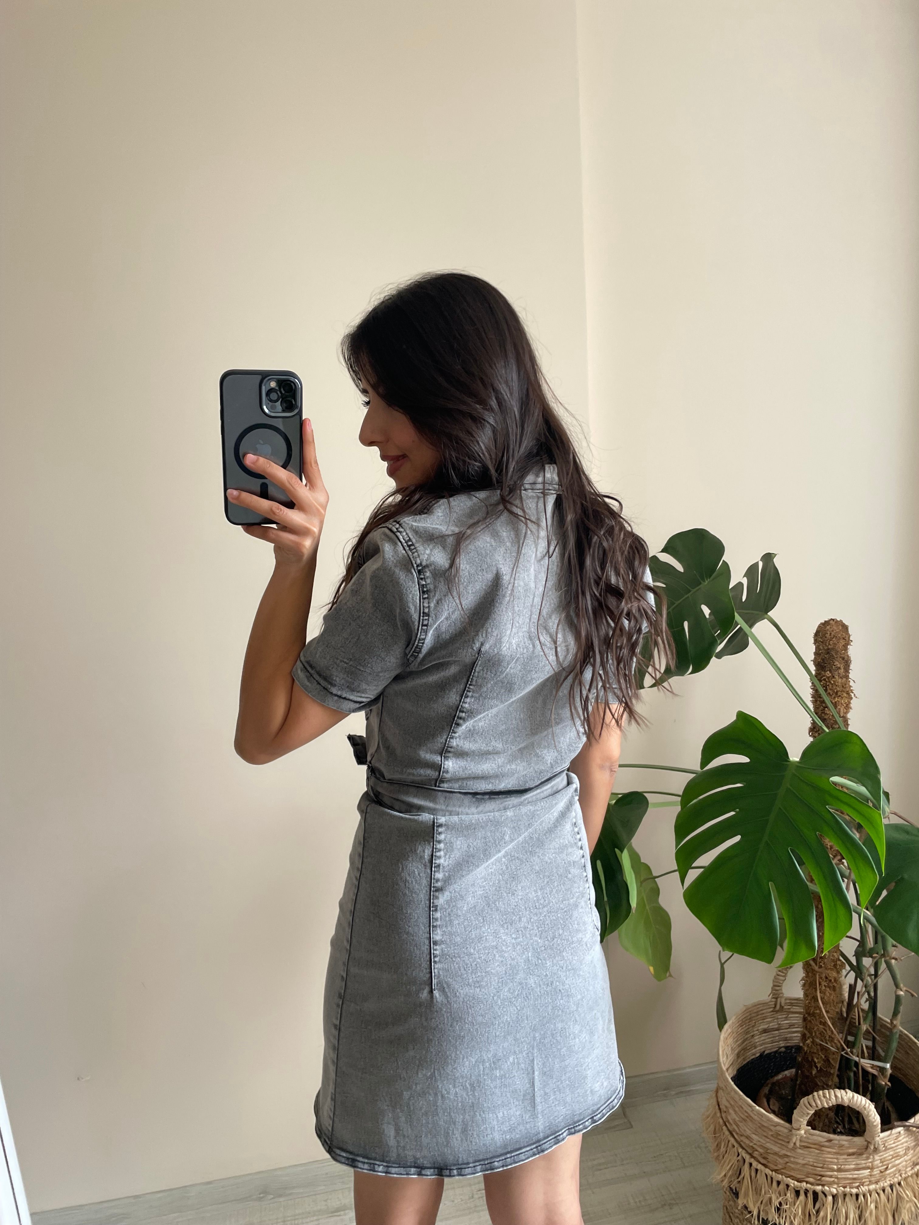 Kuşaklı Likralı Jean Elbise 