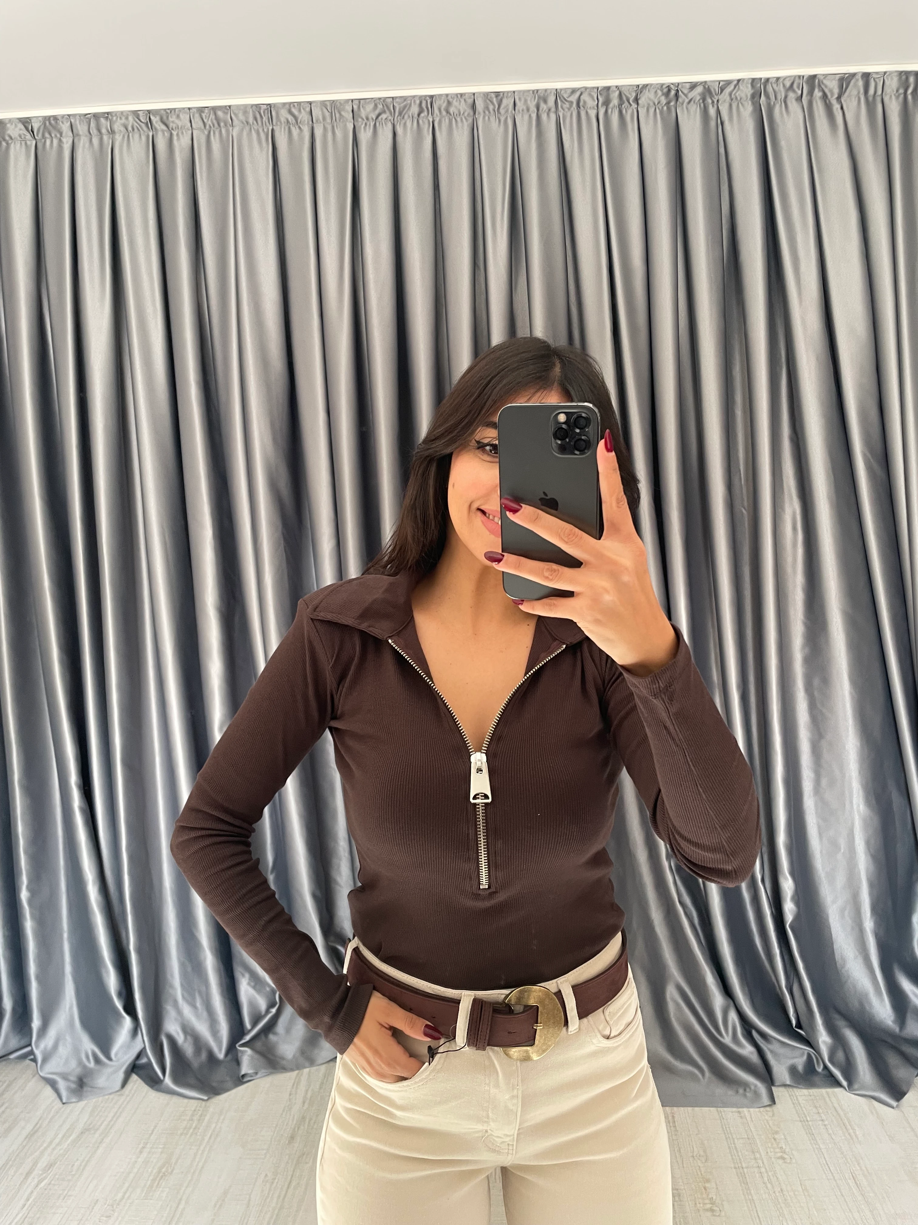 Fermuarlı Polo Yaka Bluz  - Kahverengi