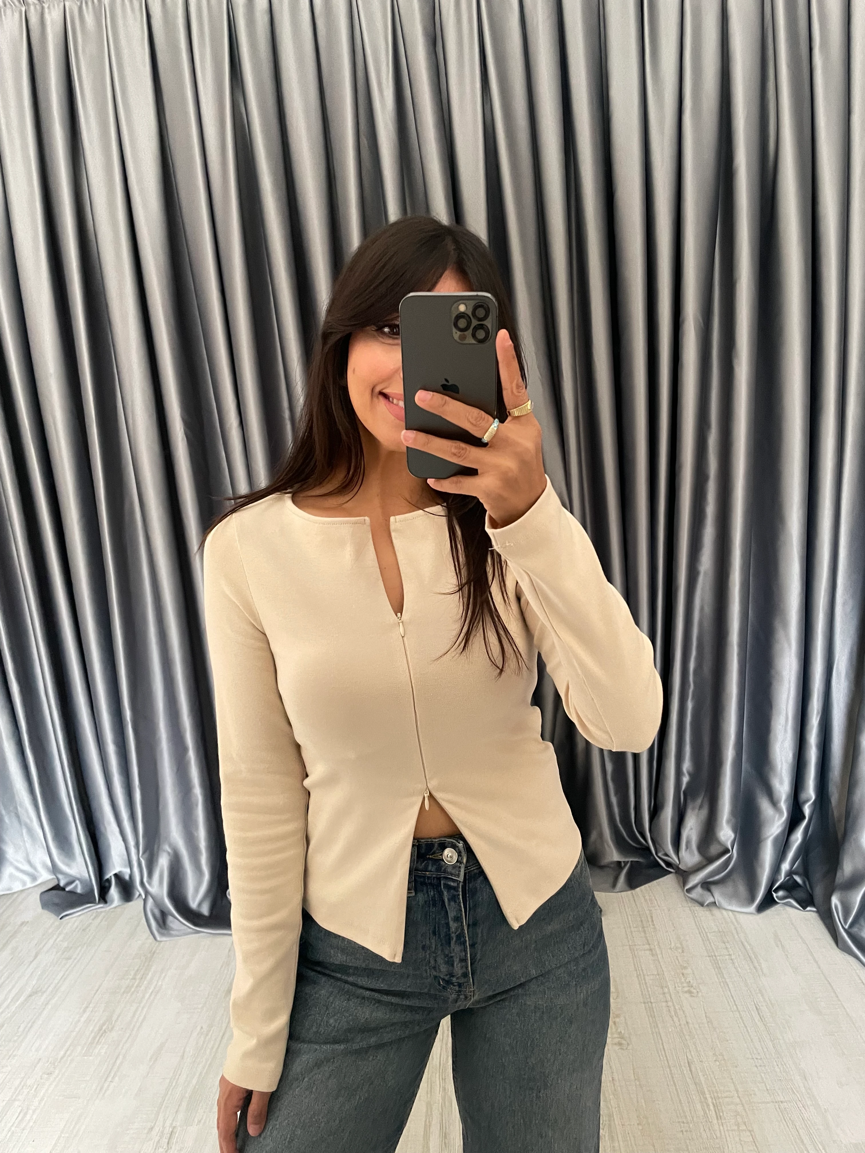 Fermuar Detaylı Uzun Kollu Bluz  - Taş