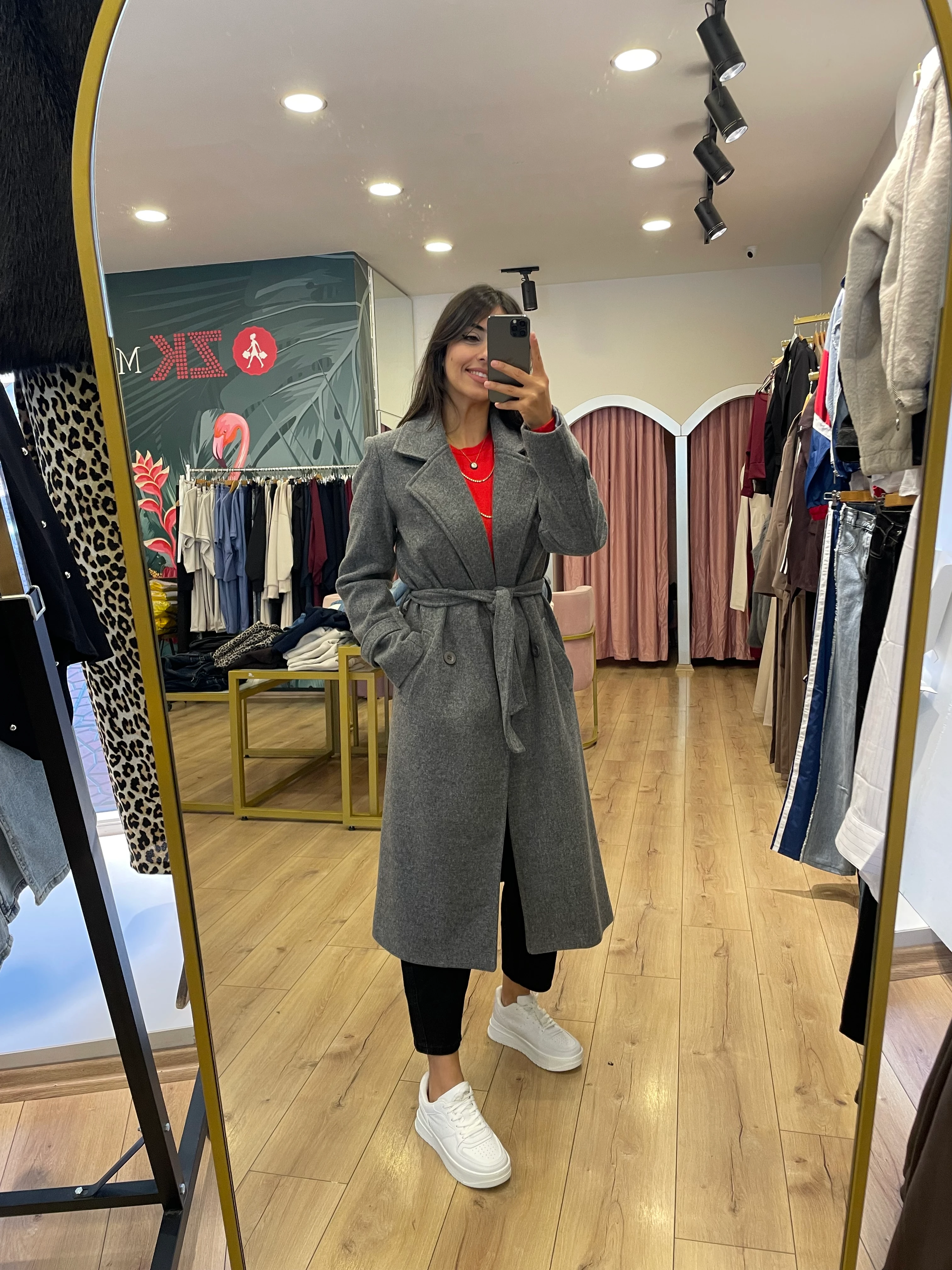 Bağlama Detaylı Kaşe Kaban - Gri