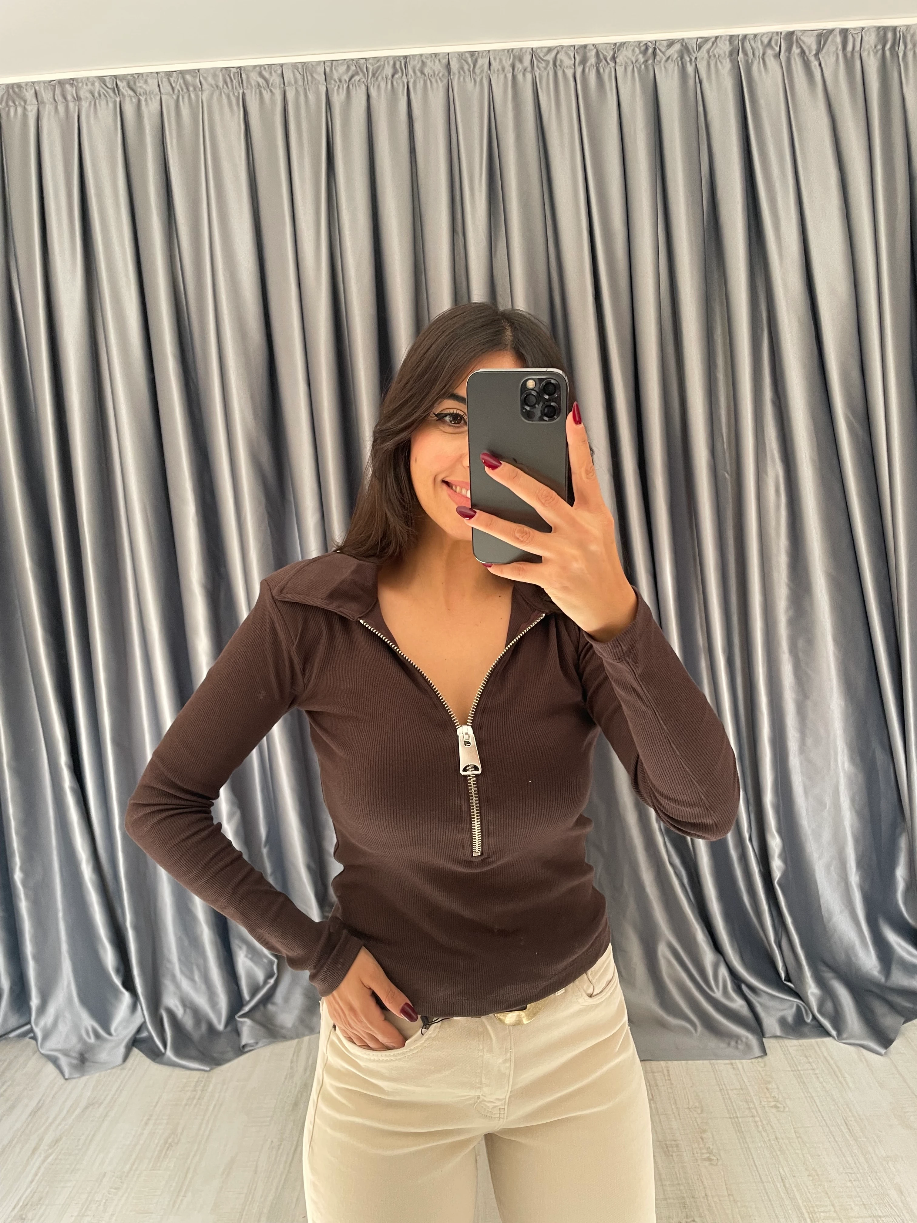 Fermuarlı Polo Yaka Bluz 