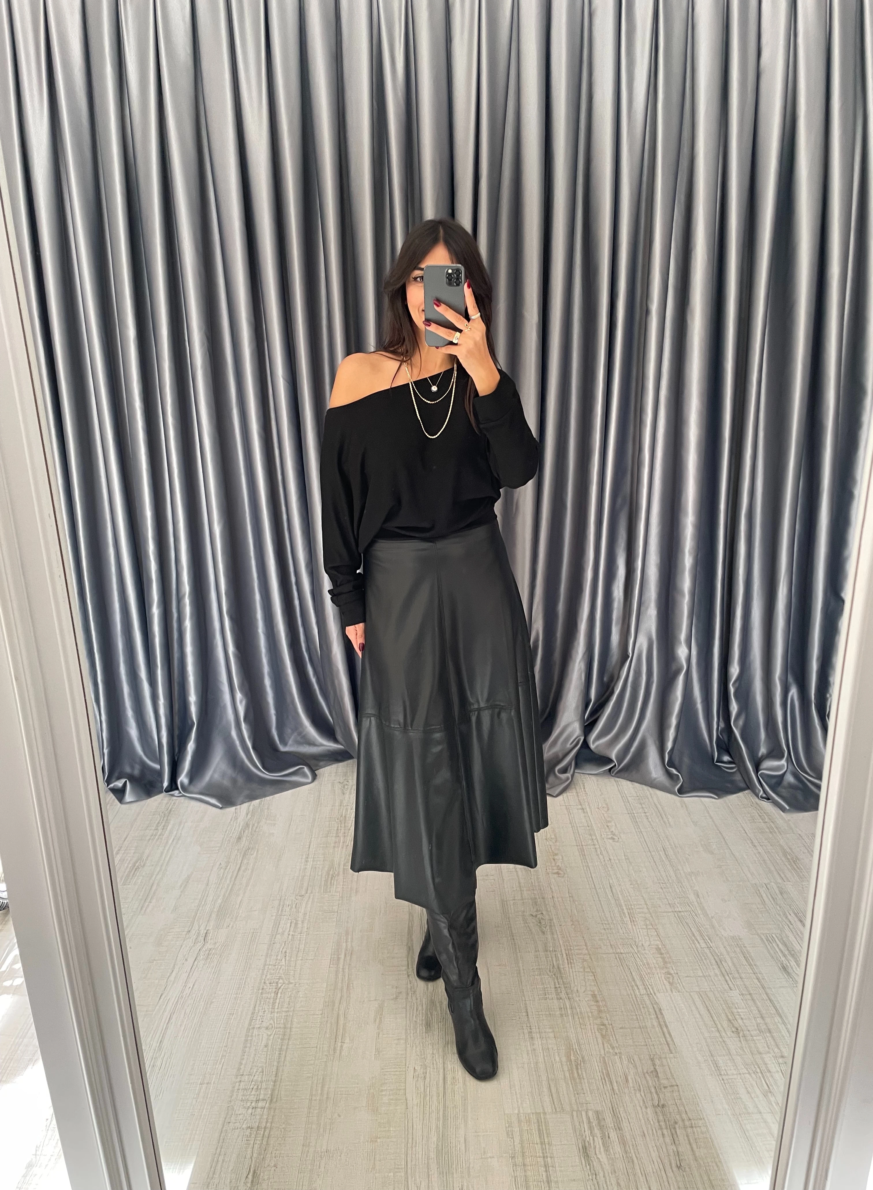 MNG Midi Boy Deri Etek  - Siyah