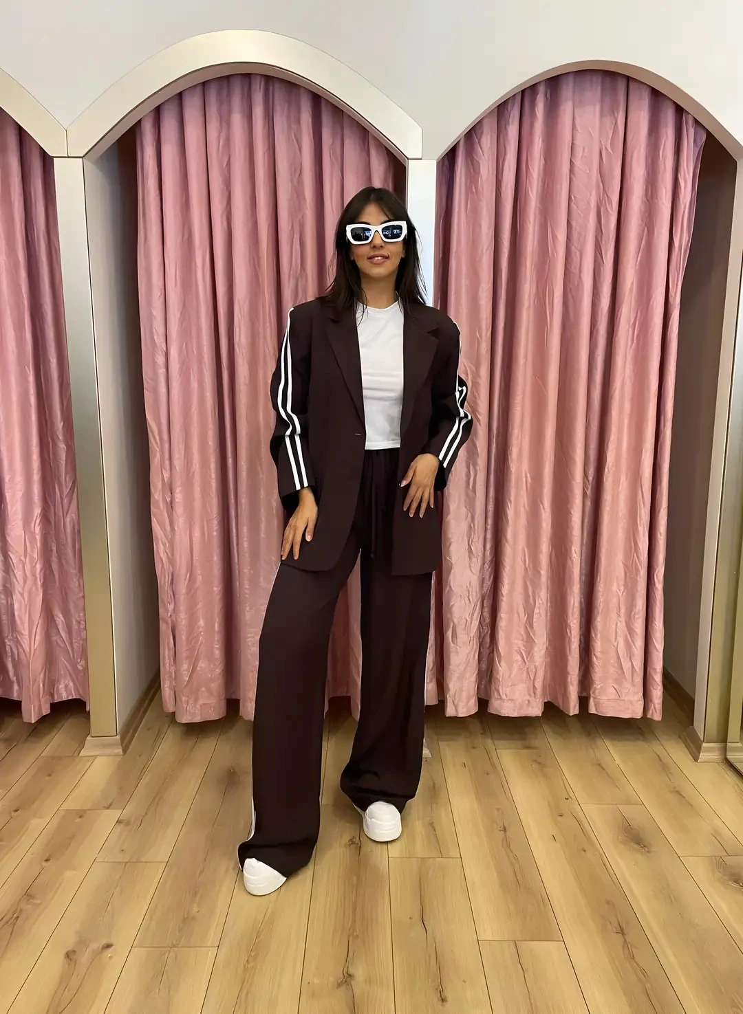 Yanları Çizgili Blazer Takım  - Kahverengi