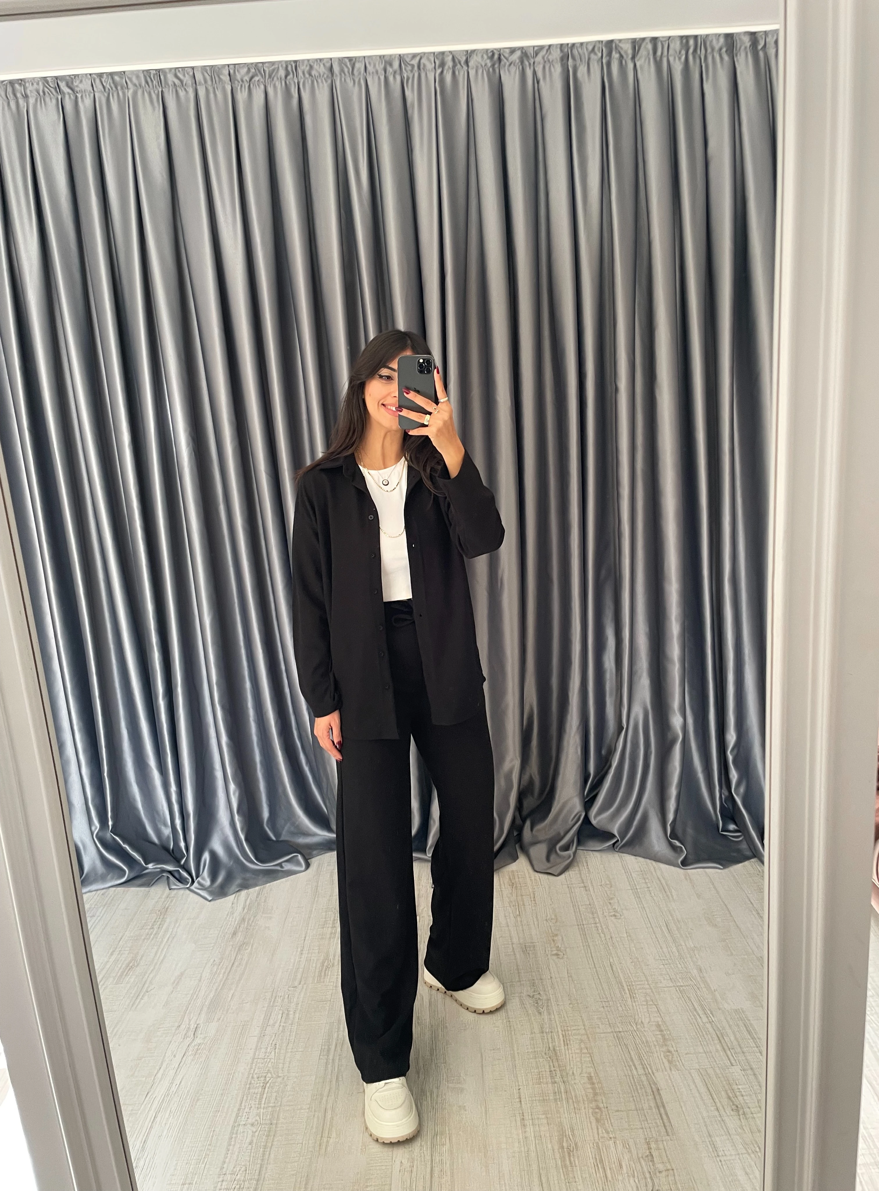 Beli Lastikli Gömlek Pantolon Takım - Siyah