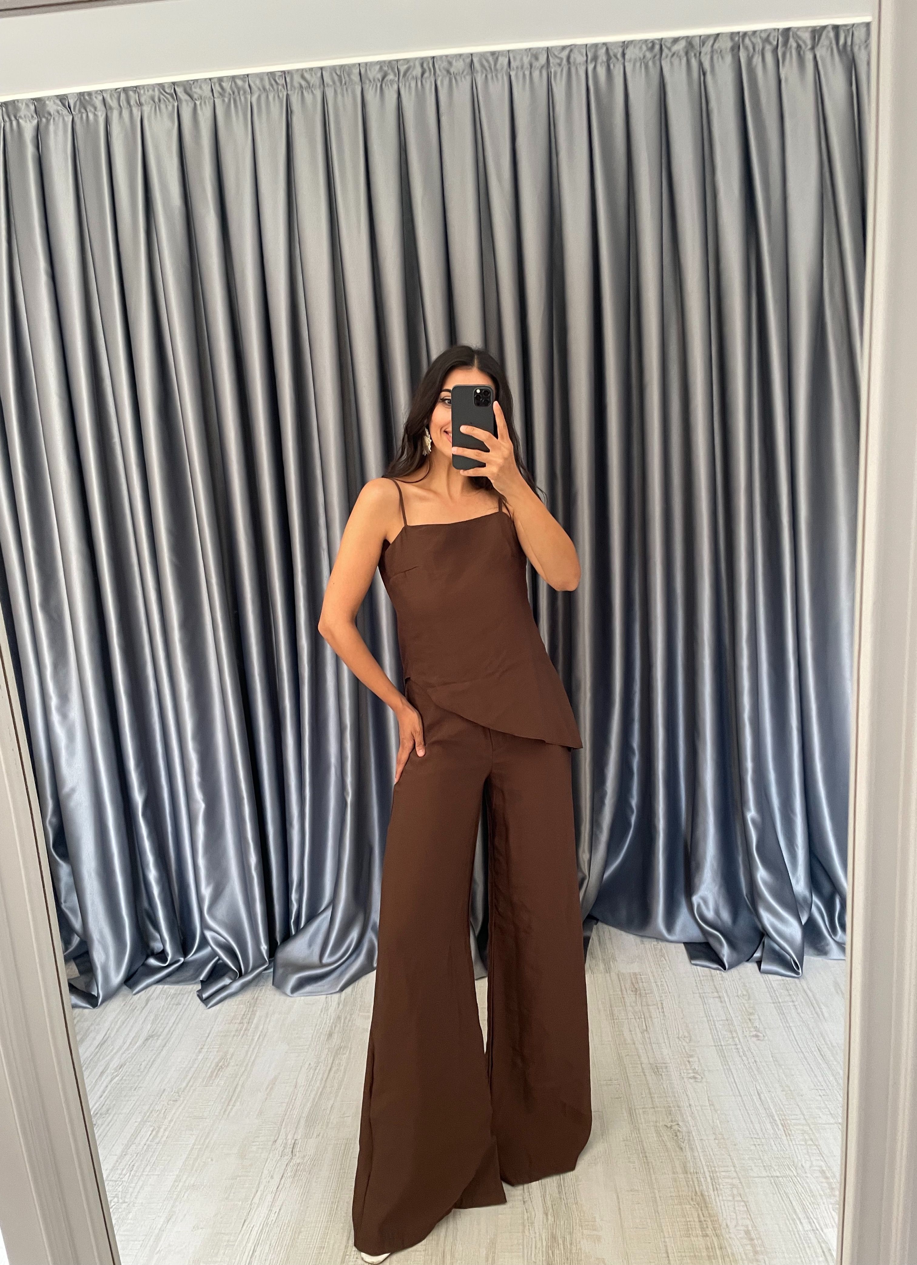 Asimetrik Bluz Pantolon Takım - Kahverengi