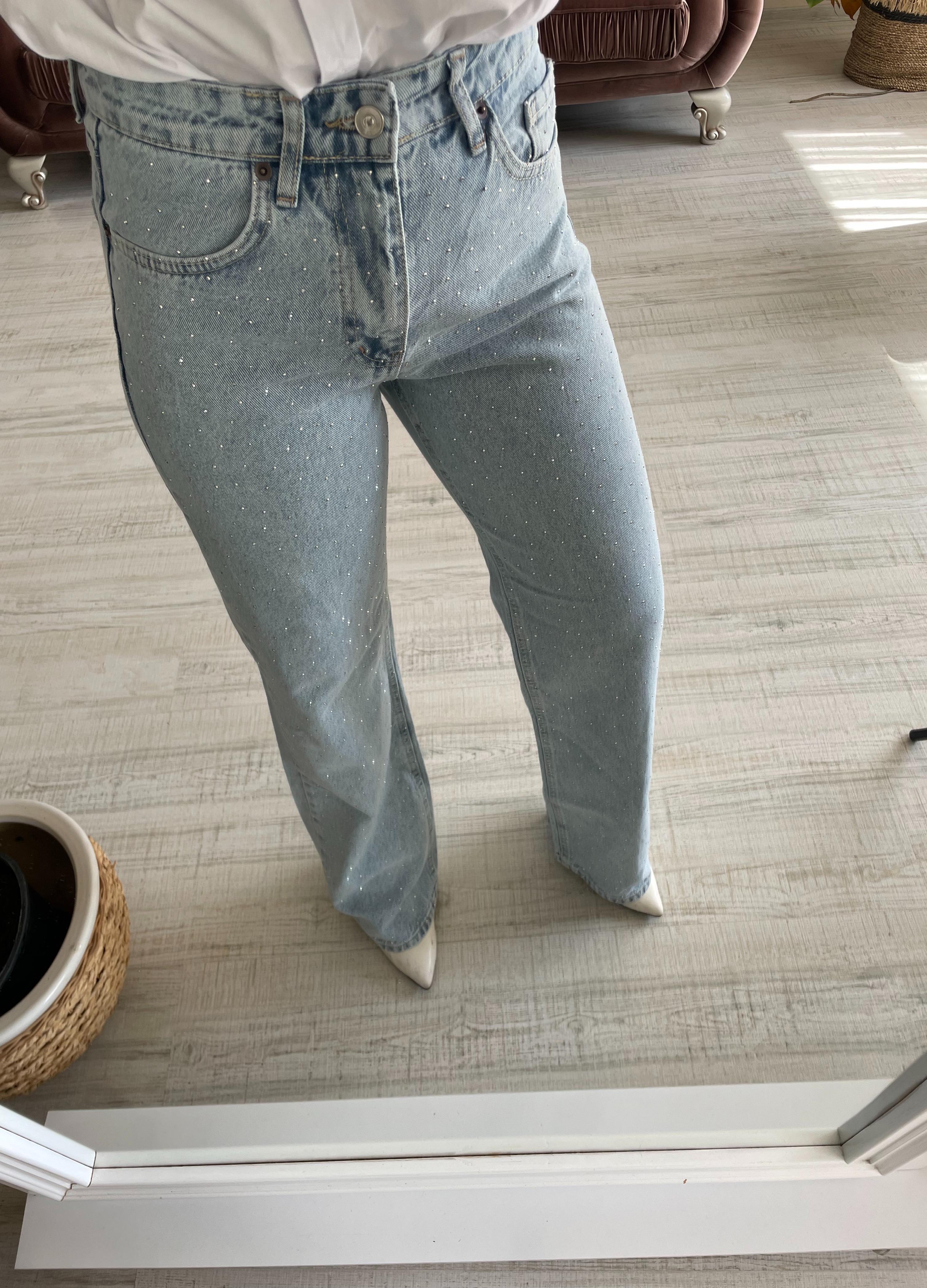 Taşlı Straight Jean Pantolon