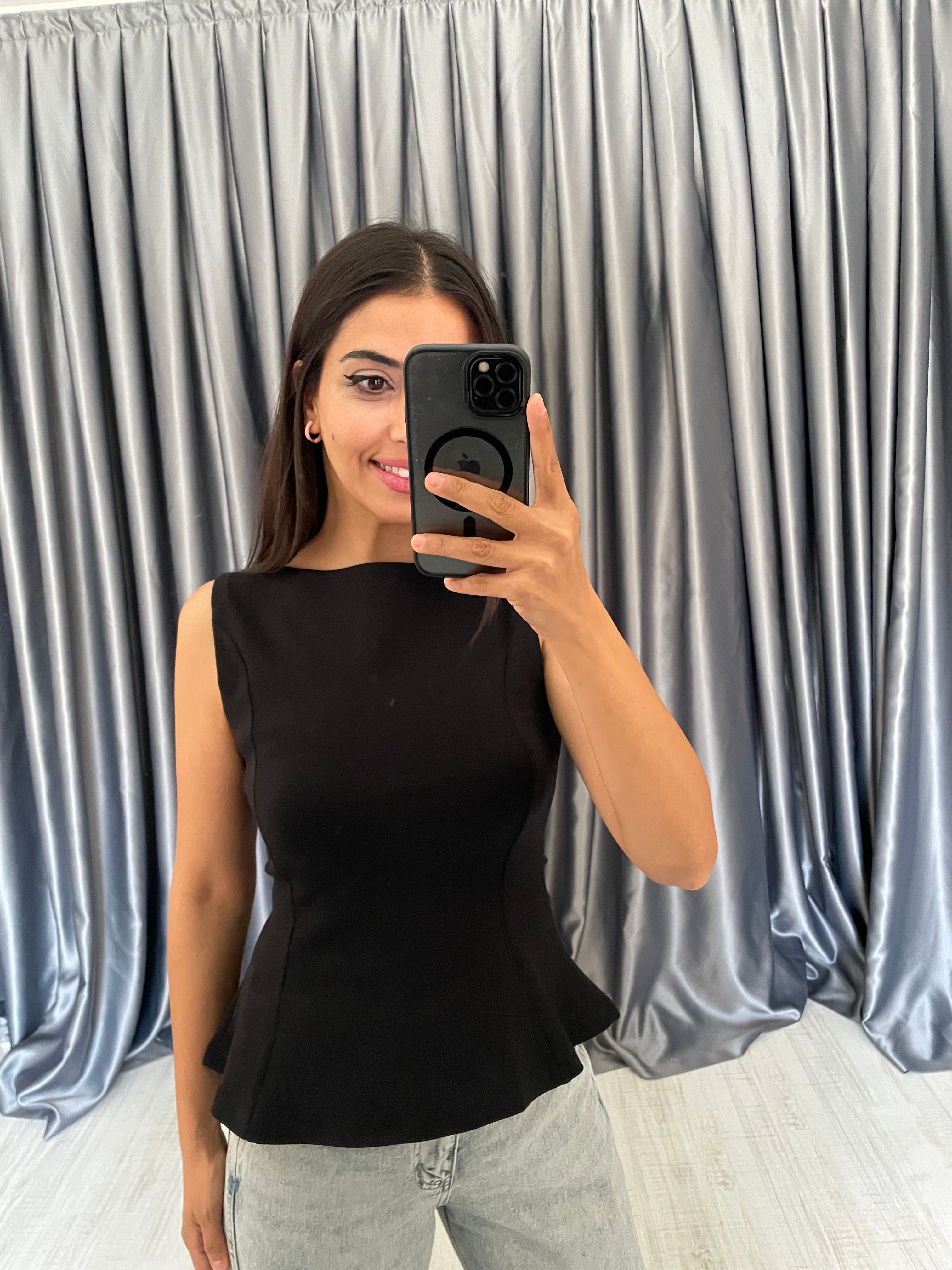 Kayık Yaka Peplum Bluz - Siyah