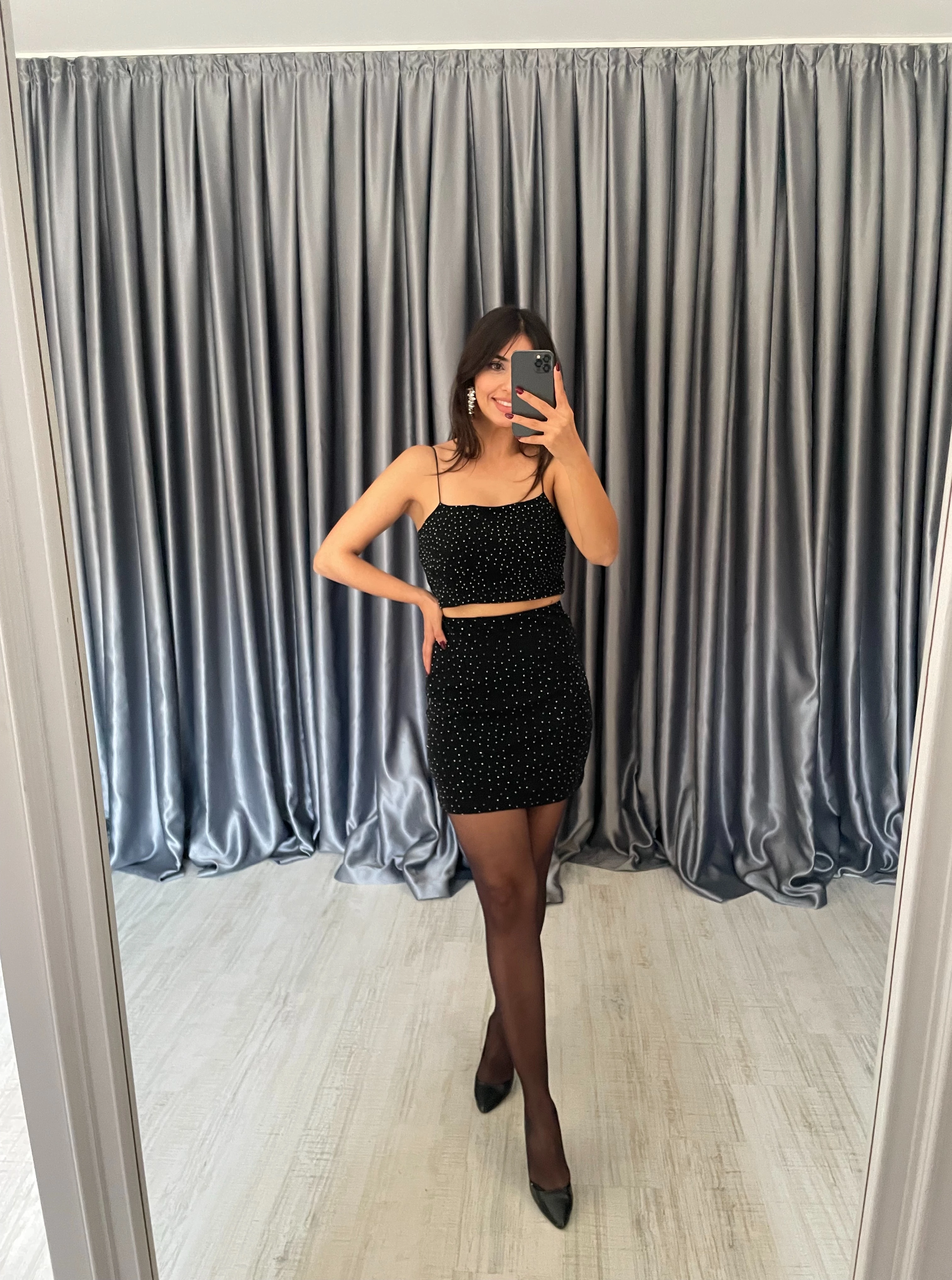 Beli Lastikli Taşlı Mini Etek 