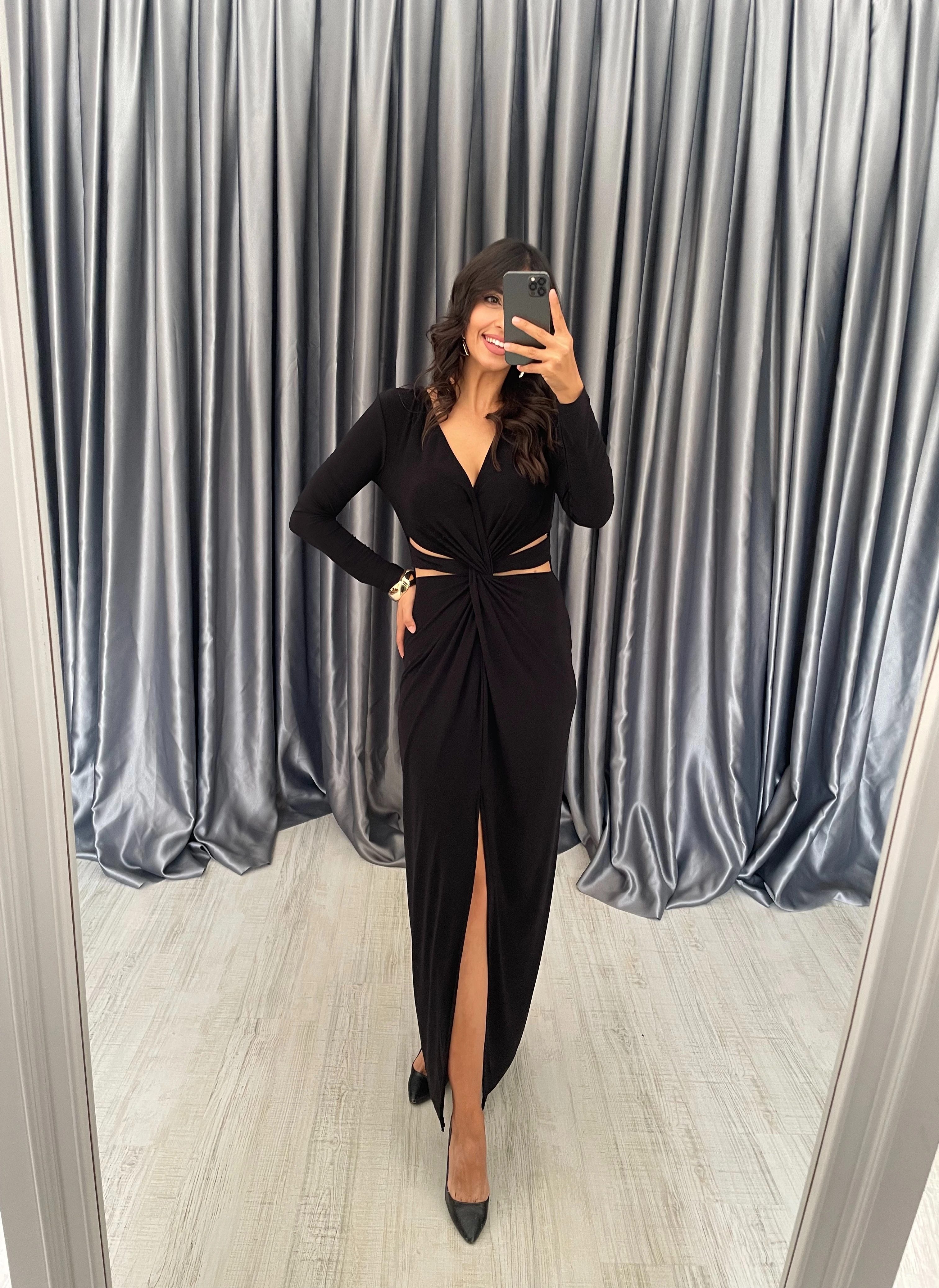 Beli Dekolteli Sandy Elbise  - Siyah