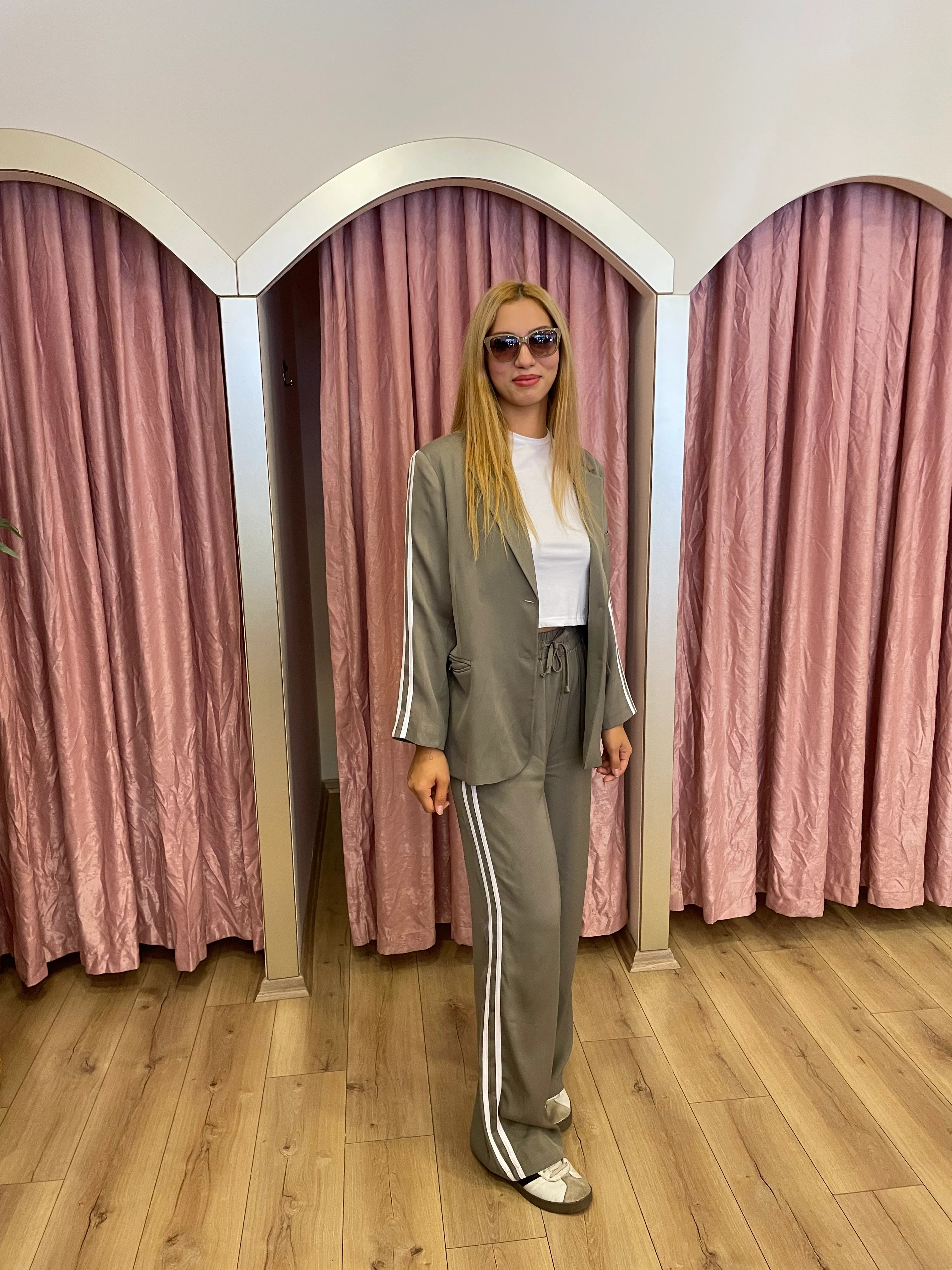 Yanları Çizgili Blazer Takım  - Yeşil