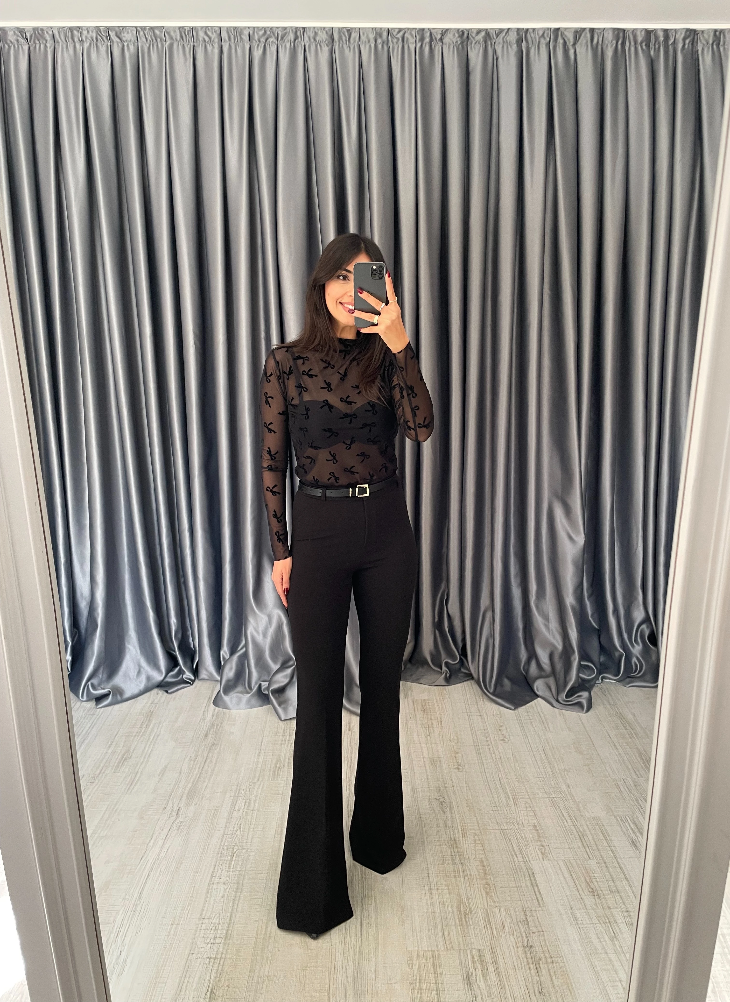 Kemerli Likralı İspanyol Paça Pantolon  - Siyah