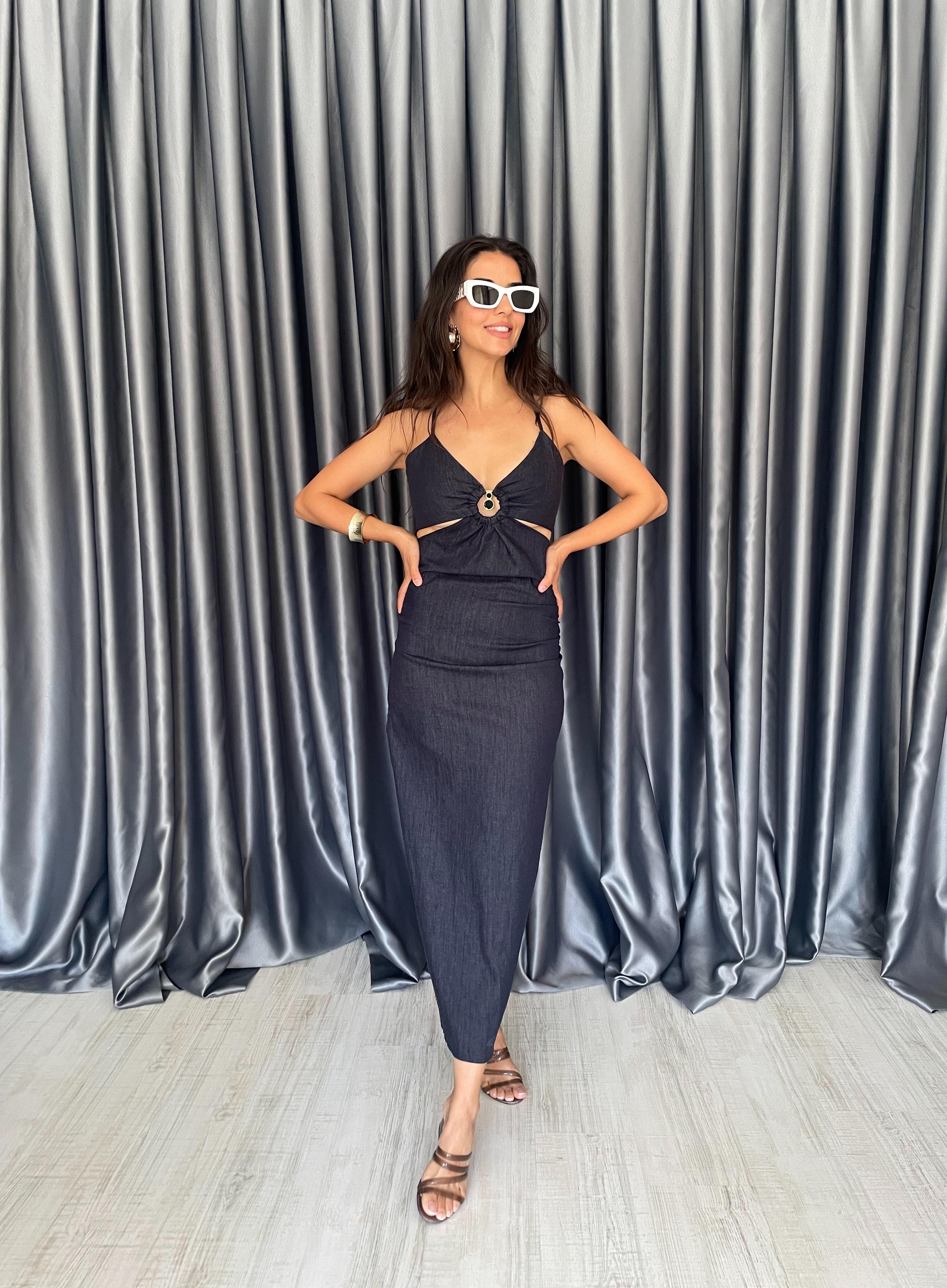 Lacivert Halka Detaylı Askılı Denim Elbise 