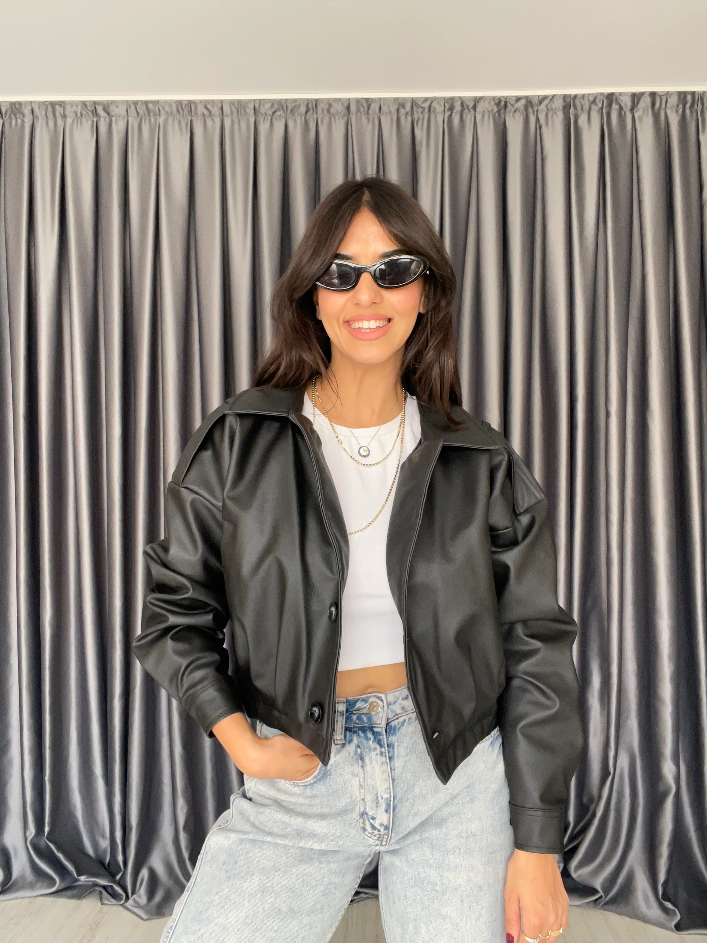 Düğme Detaylı Deri Ceket  - Siyah