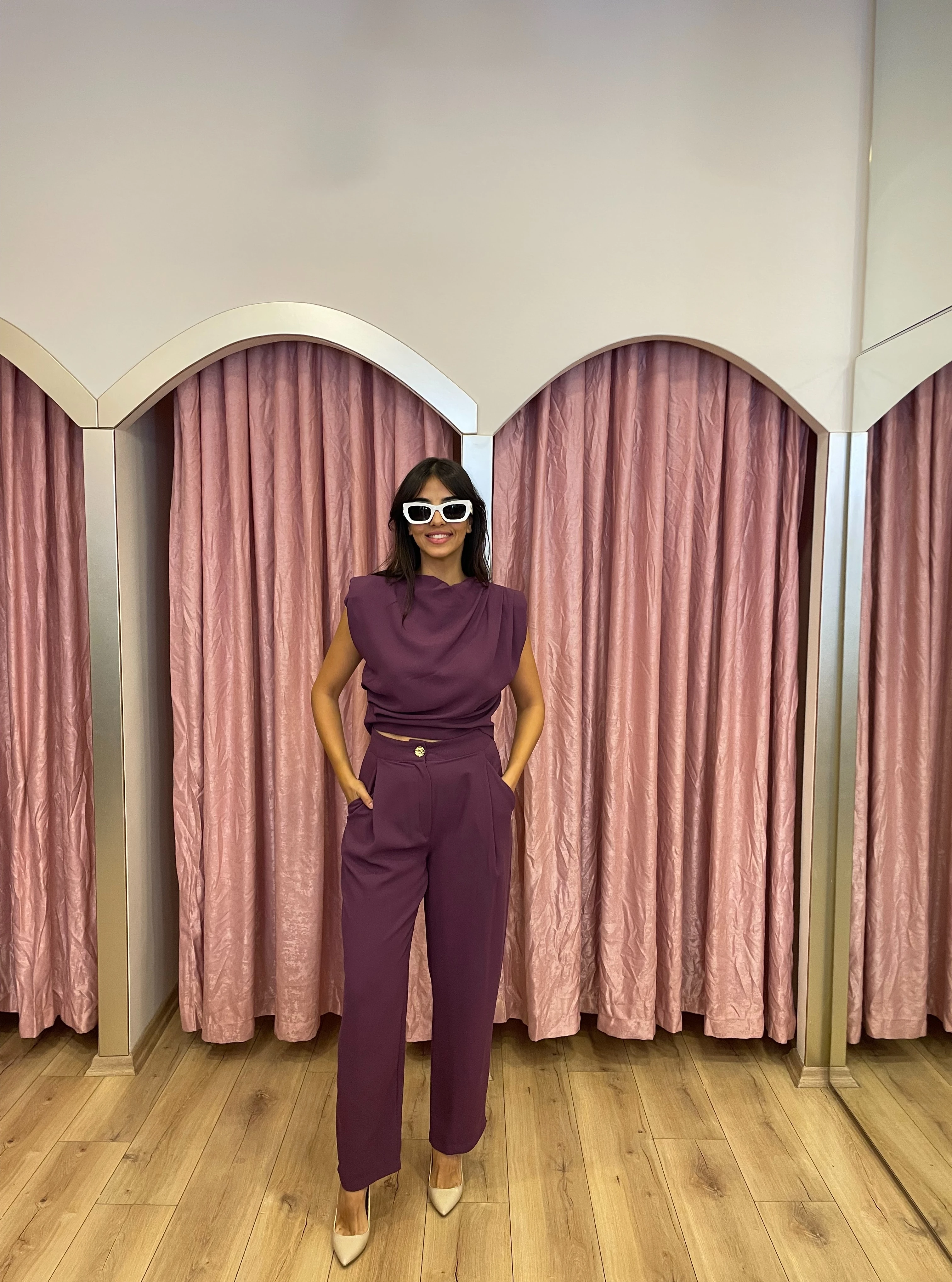 Sıfır Kol Vatkalı Bluz Pantolon - Mürdüm