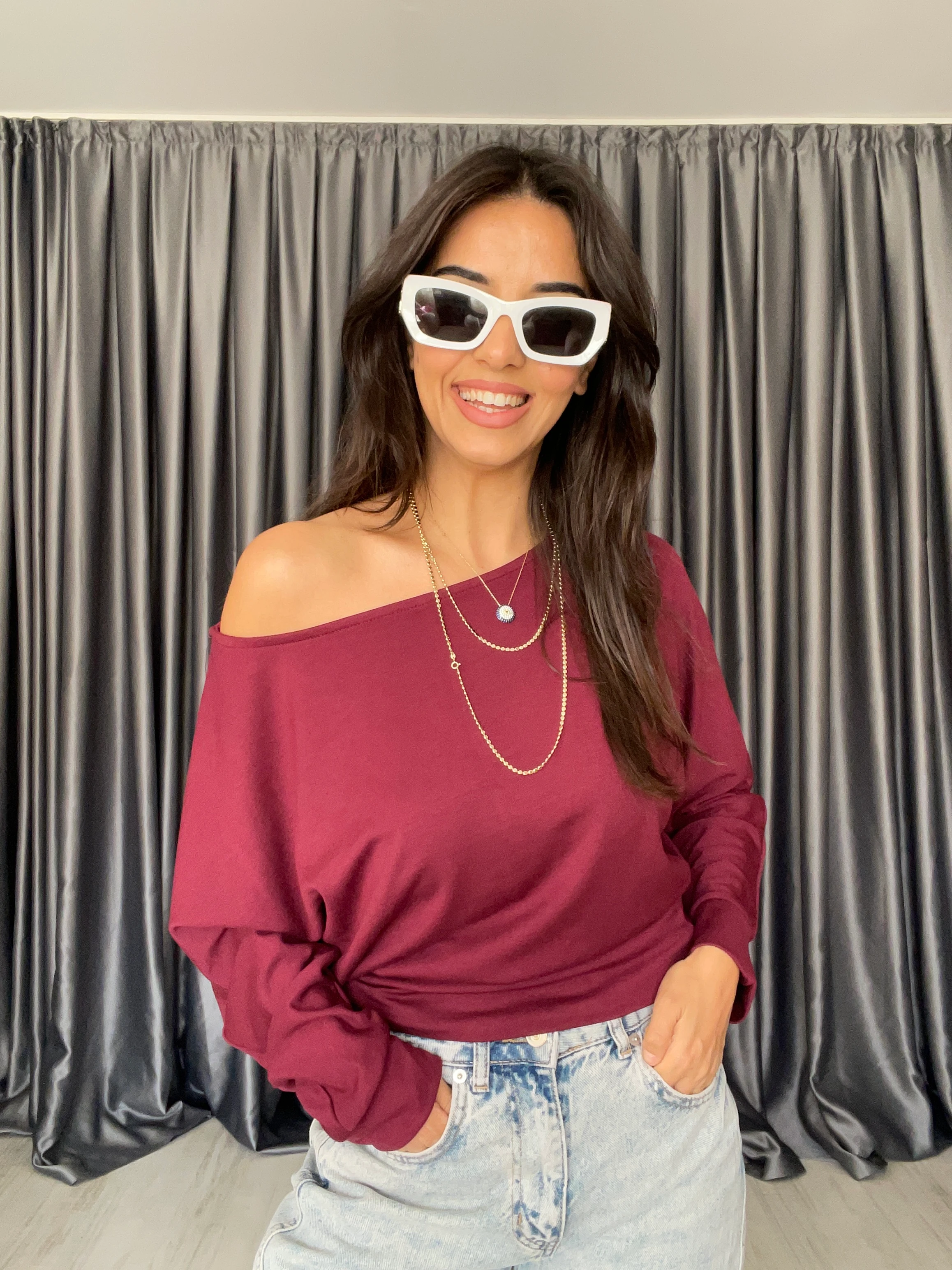 Düşük Omuz Modal Bluz  - Bordo