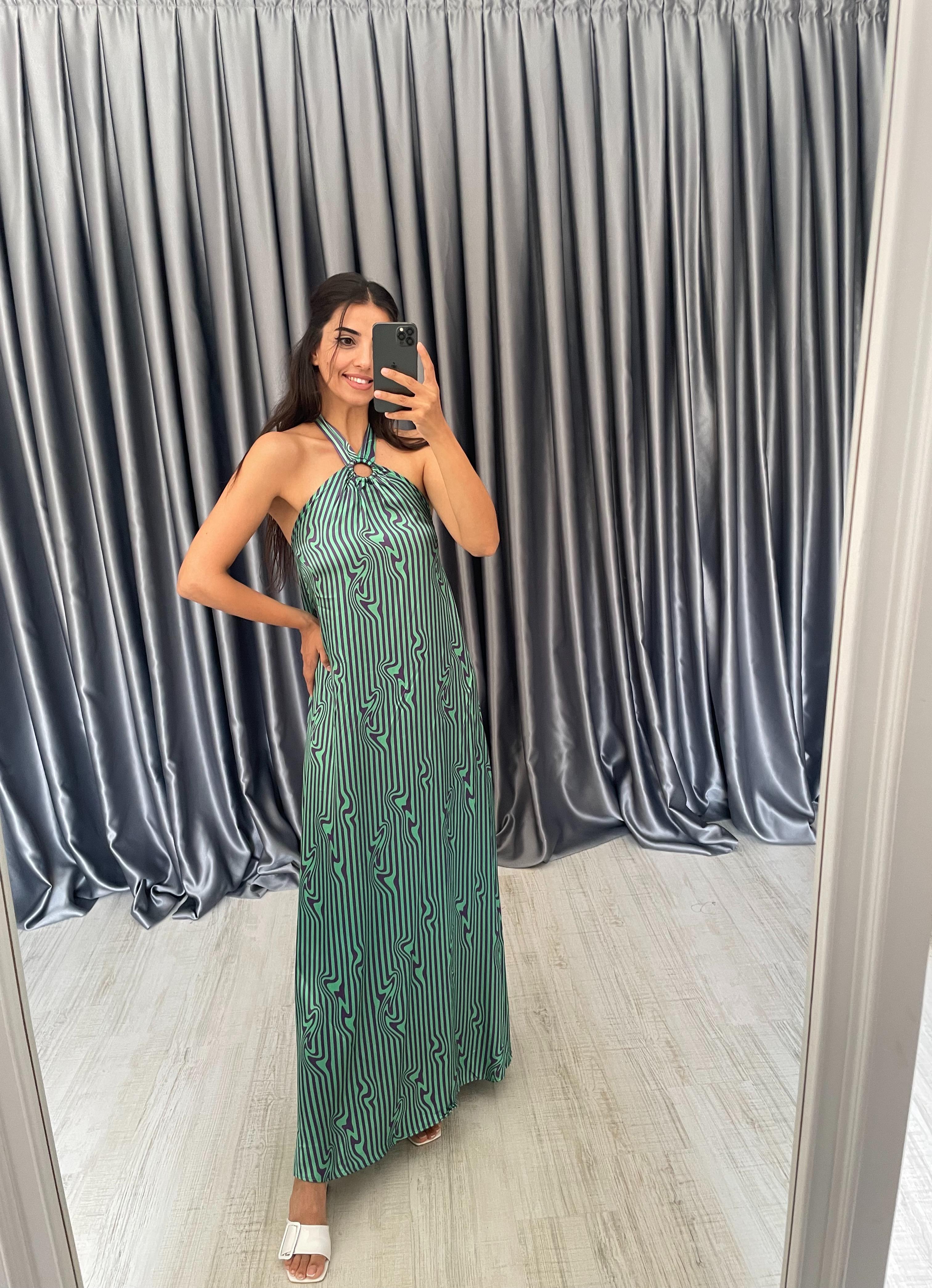 Halka Detaylı Desenli Saten Elbise