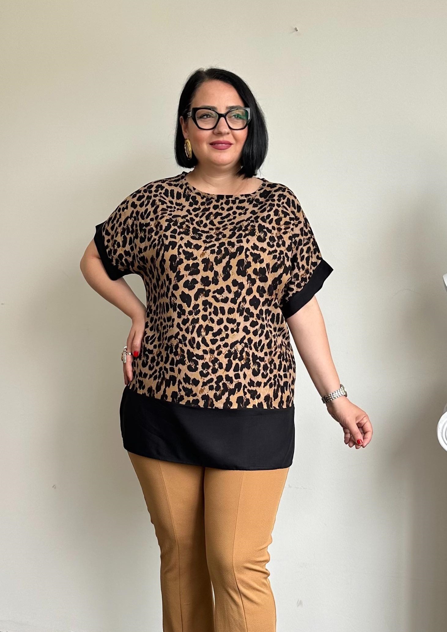 Yarasa Kol Desenli Bluz - Kahve Leopar