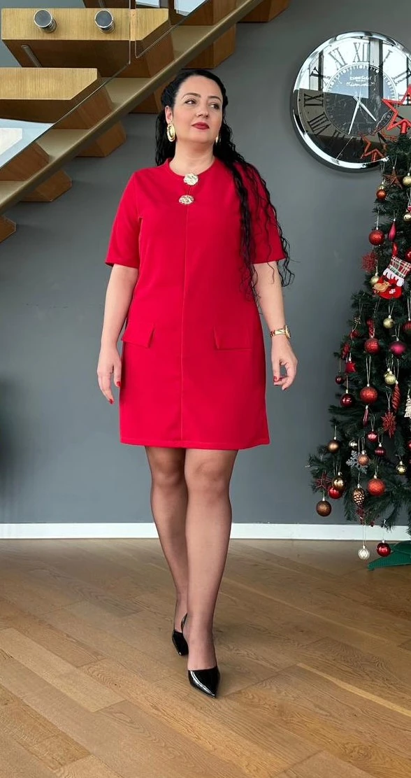 Gold Düğmeli Denis Elbise - Kırmızı