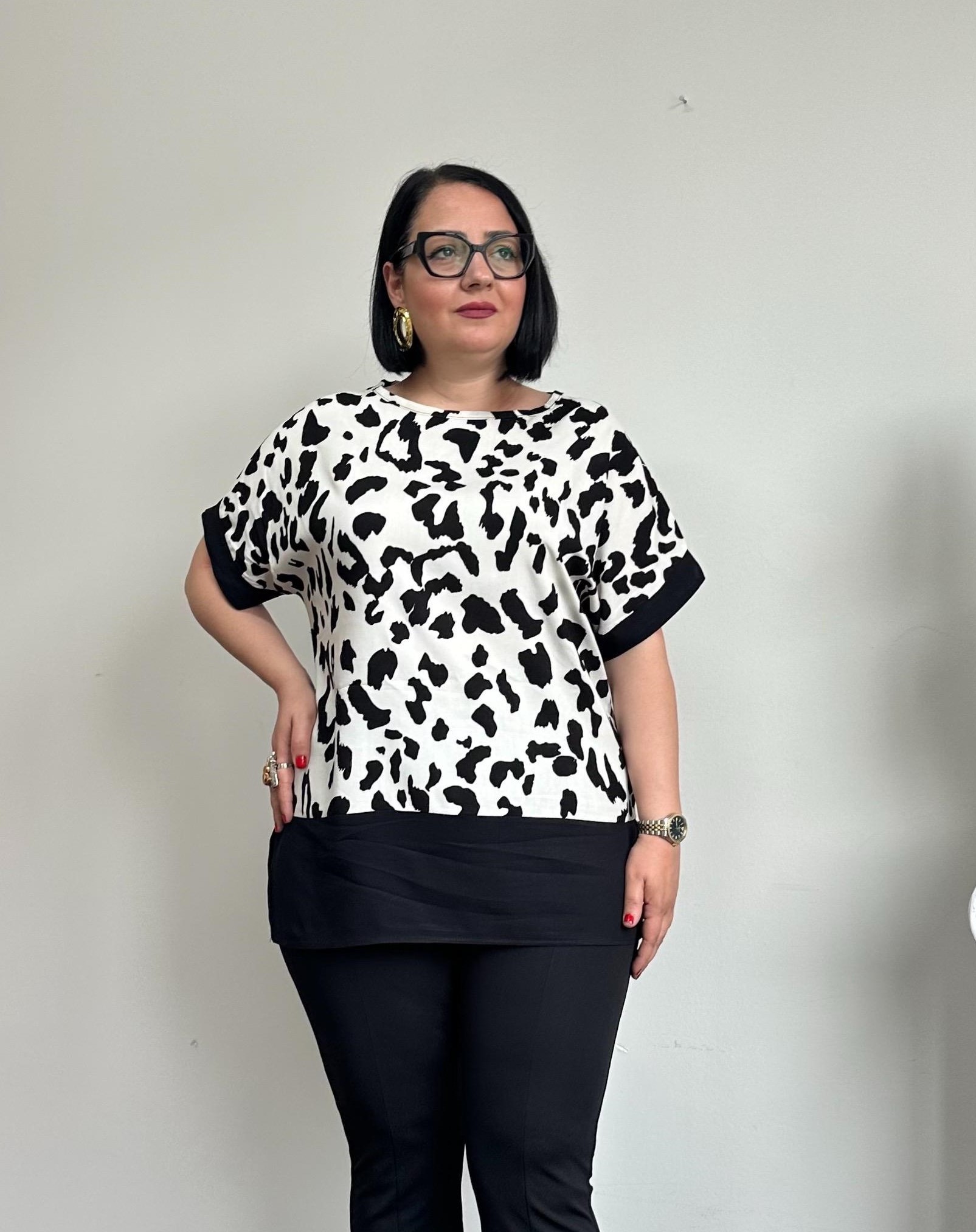 Yarasa Kol Desenli Bluz - Siyah Leopar