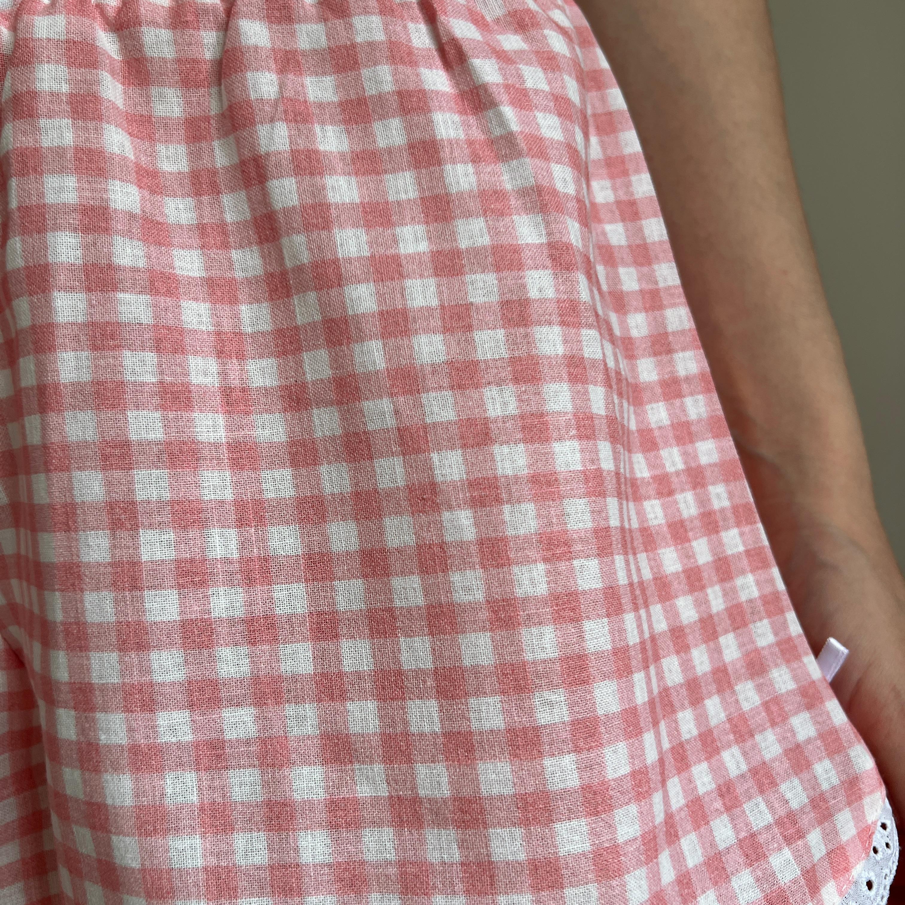 Linen Gingham Check Handmade Shorts with Lace Detail - Pink