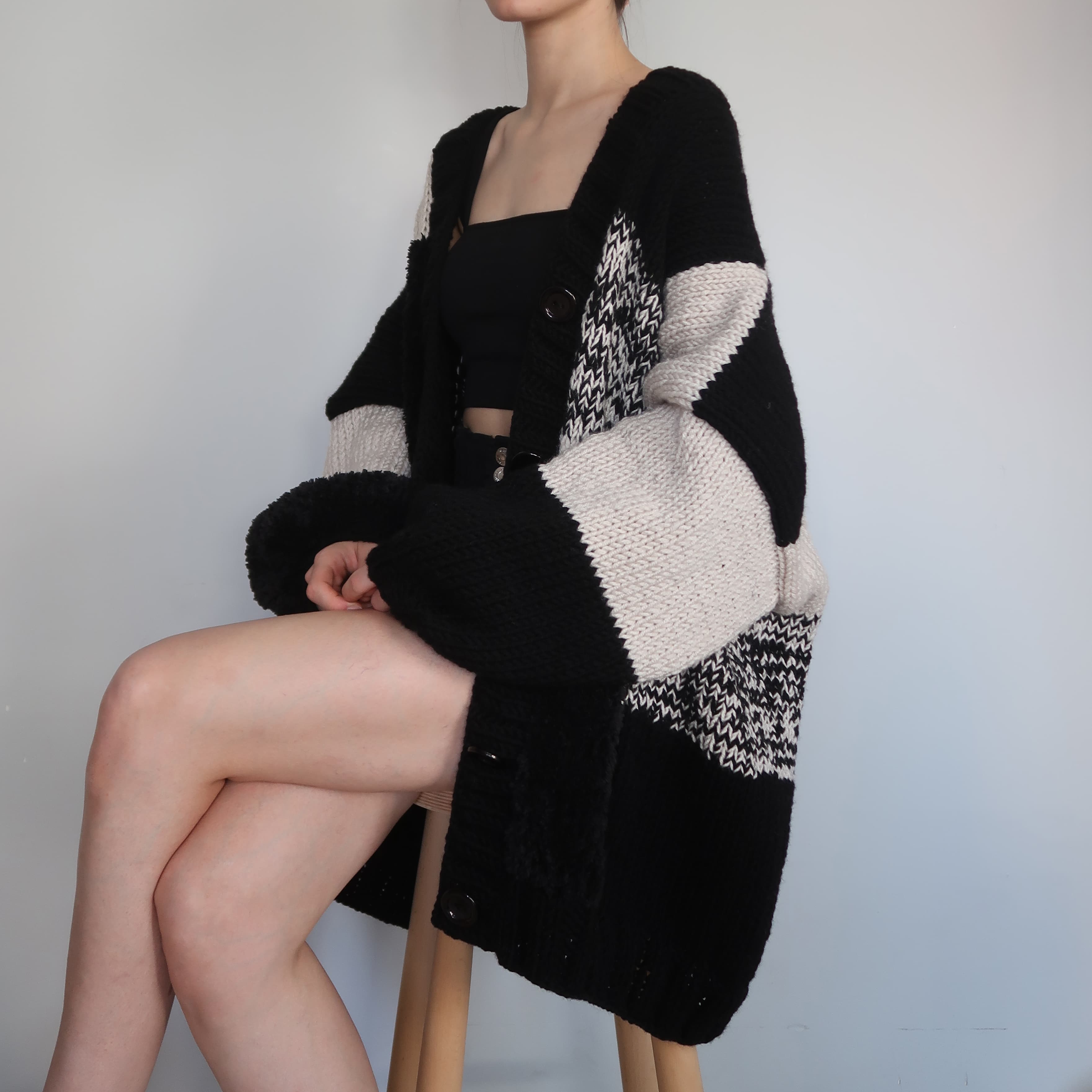 Thinner Black Patchwork Cardigan
