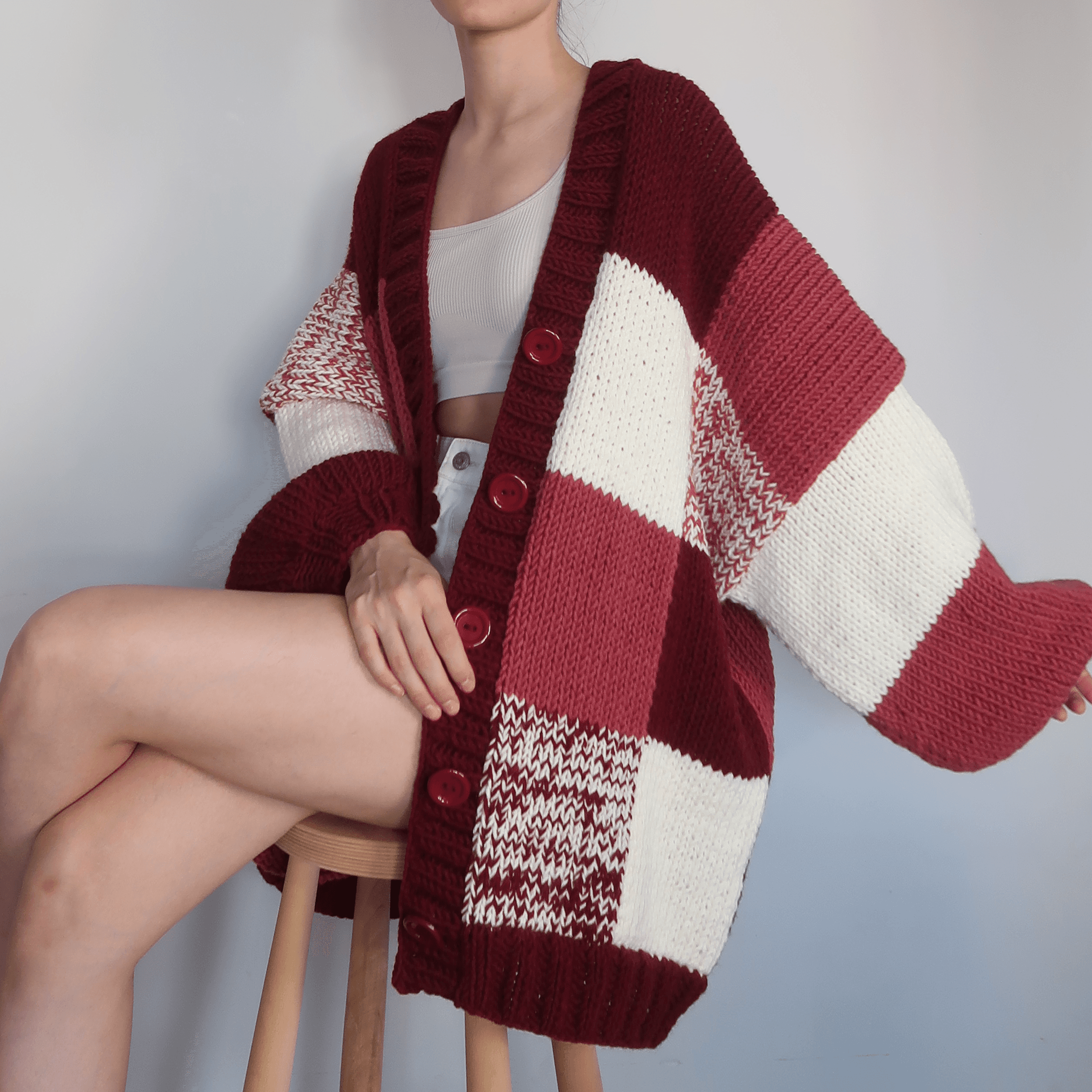 Thinner Maroon Patchwork Cardigan