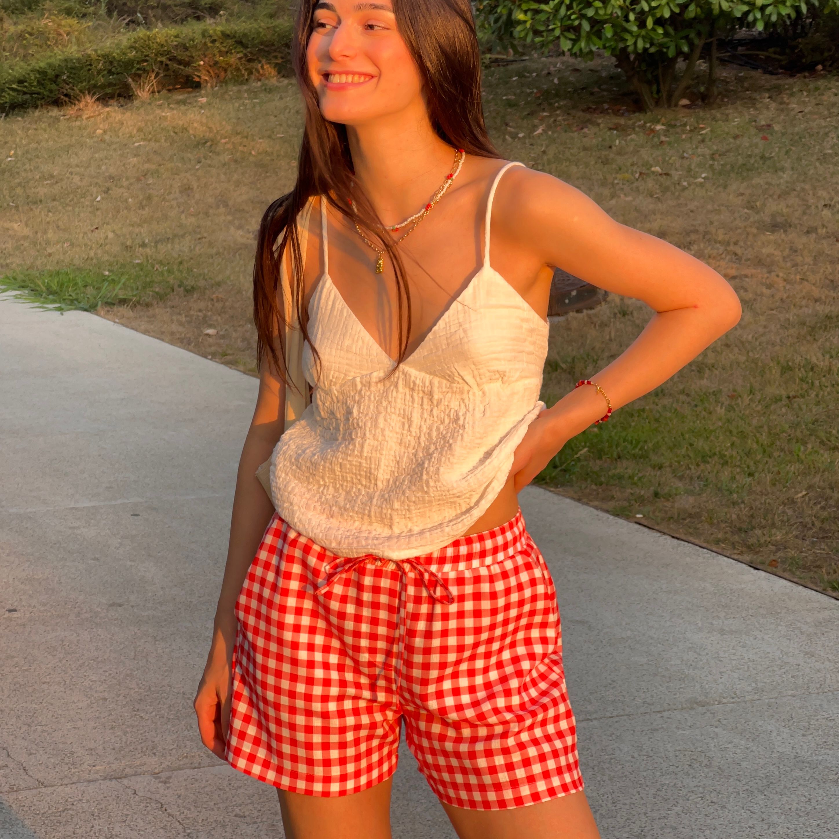 Linen Blend Handmade Gingham Boxer Shorts - Red