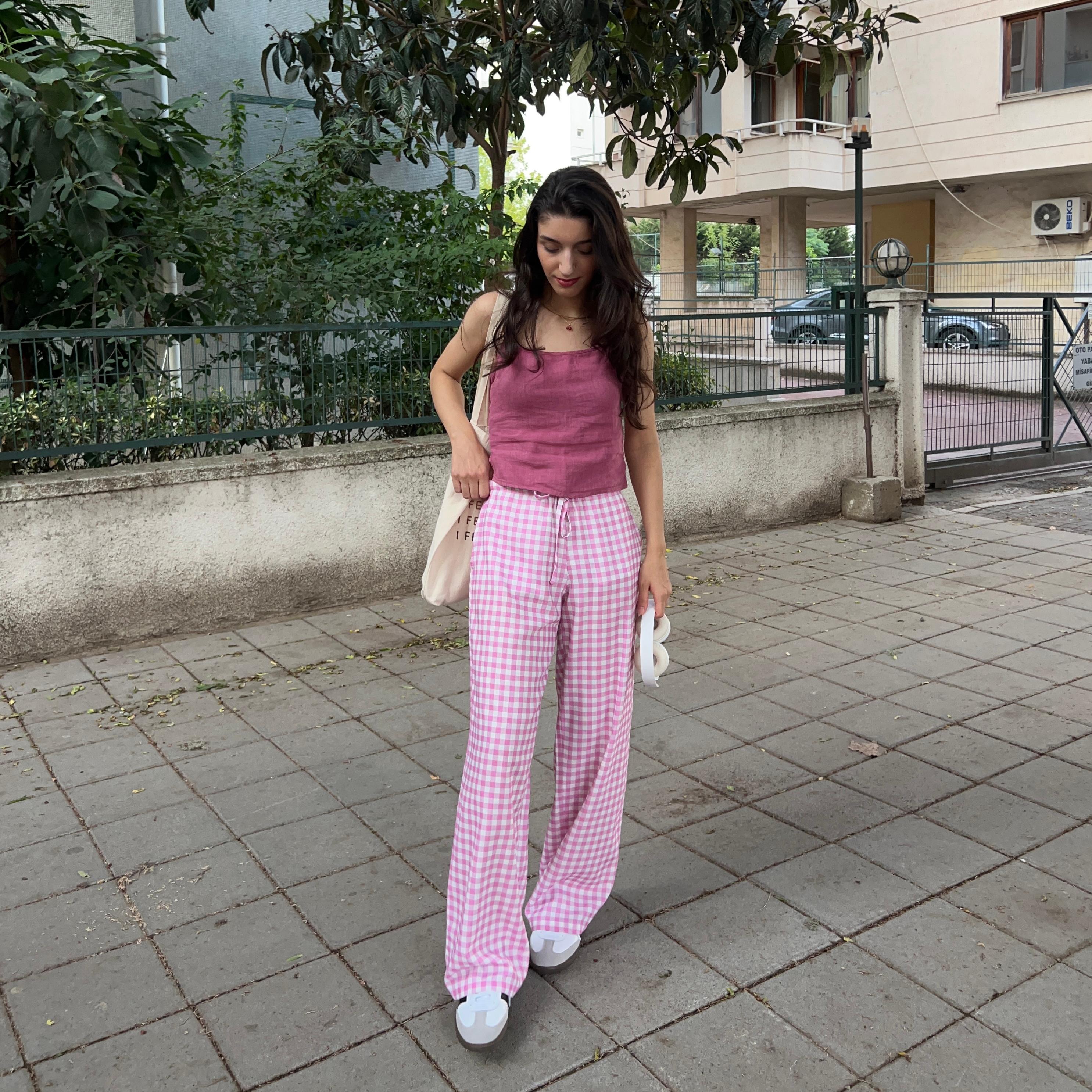 Straight-leg Linen Blend Handmade Gingham Trousers - Pink