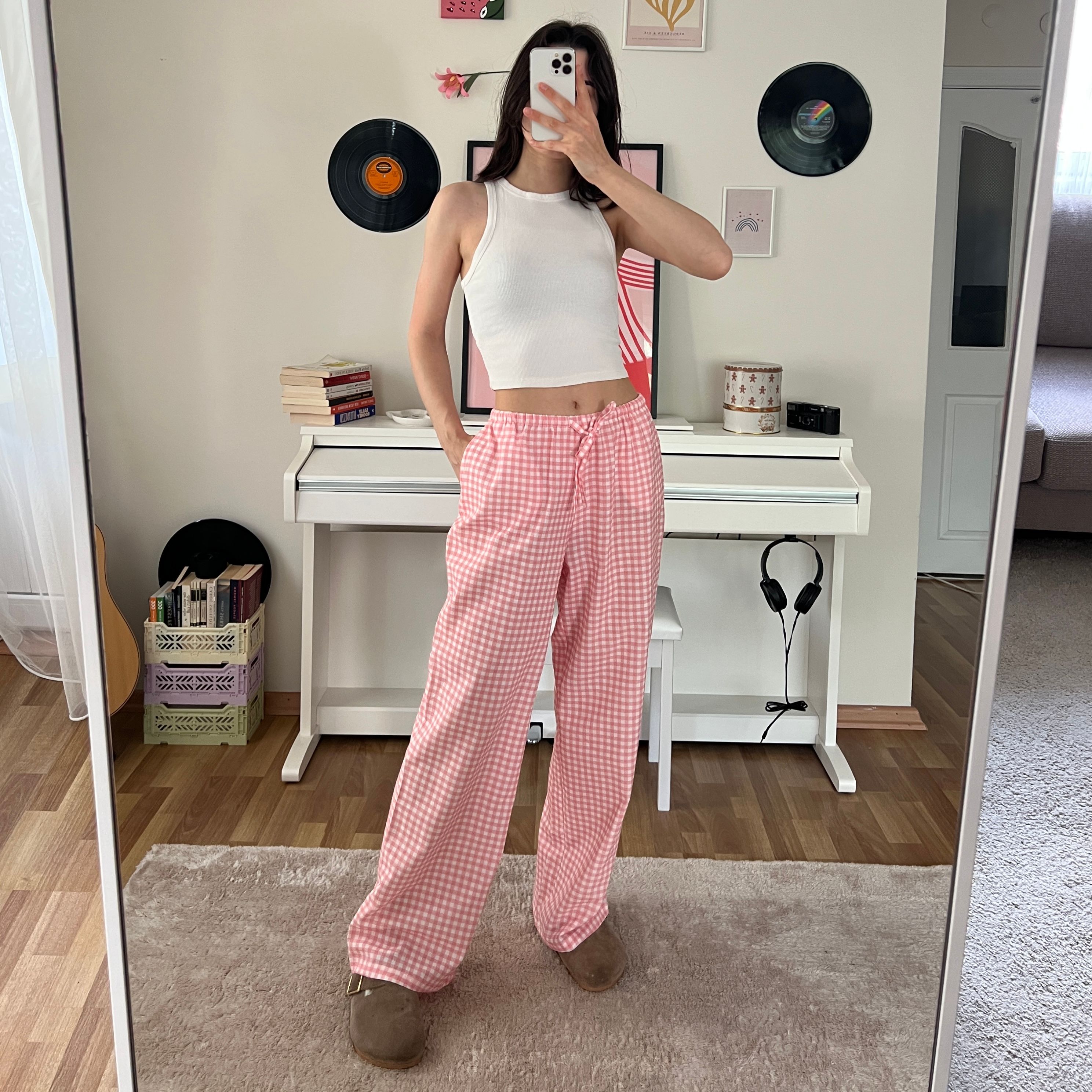 100% Linen Gingham Check Mid-Rise Trousers with Pockets - Pink