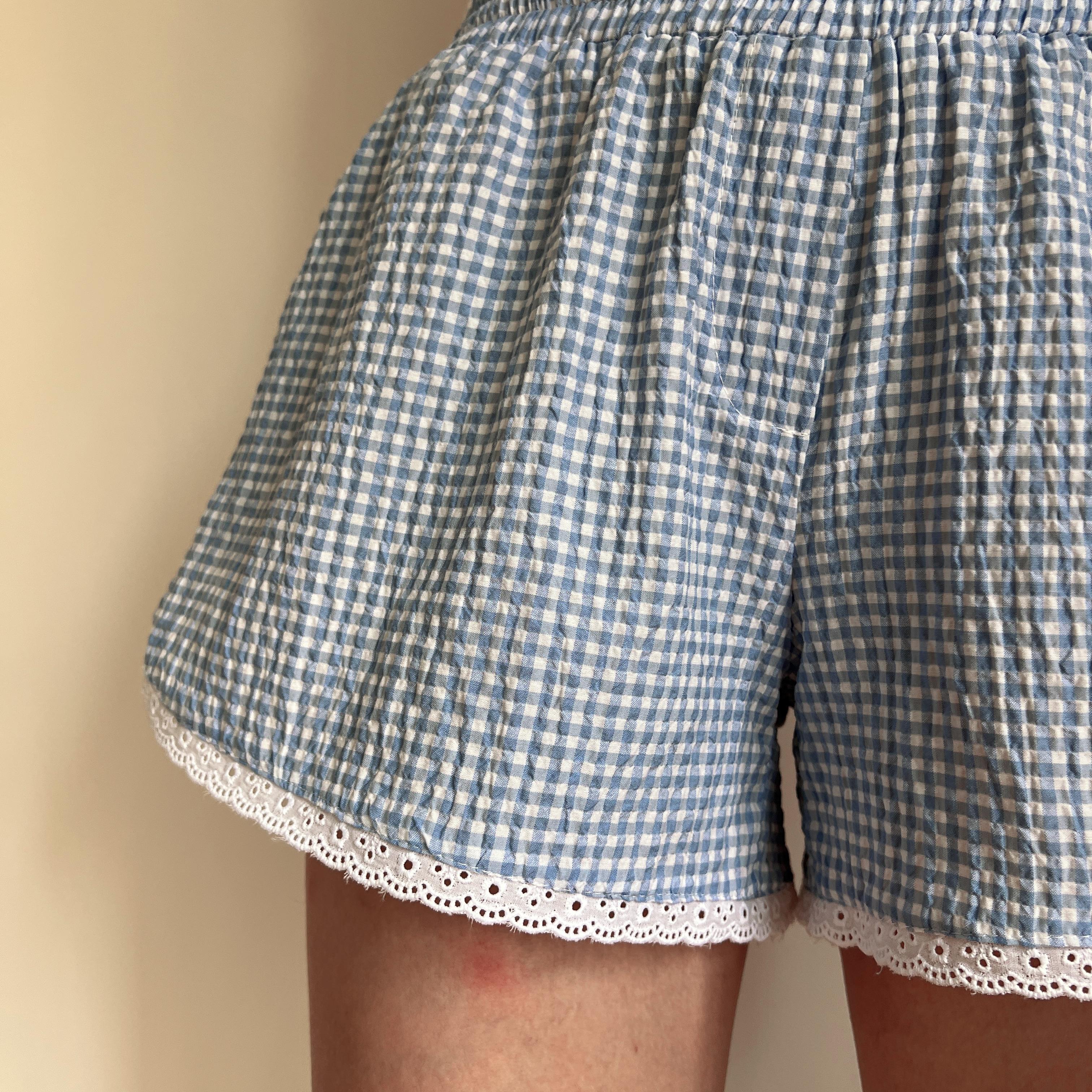 Gingham Check Handmade Shorts with Lace Detail