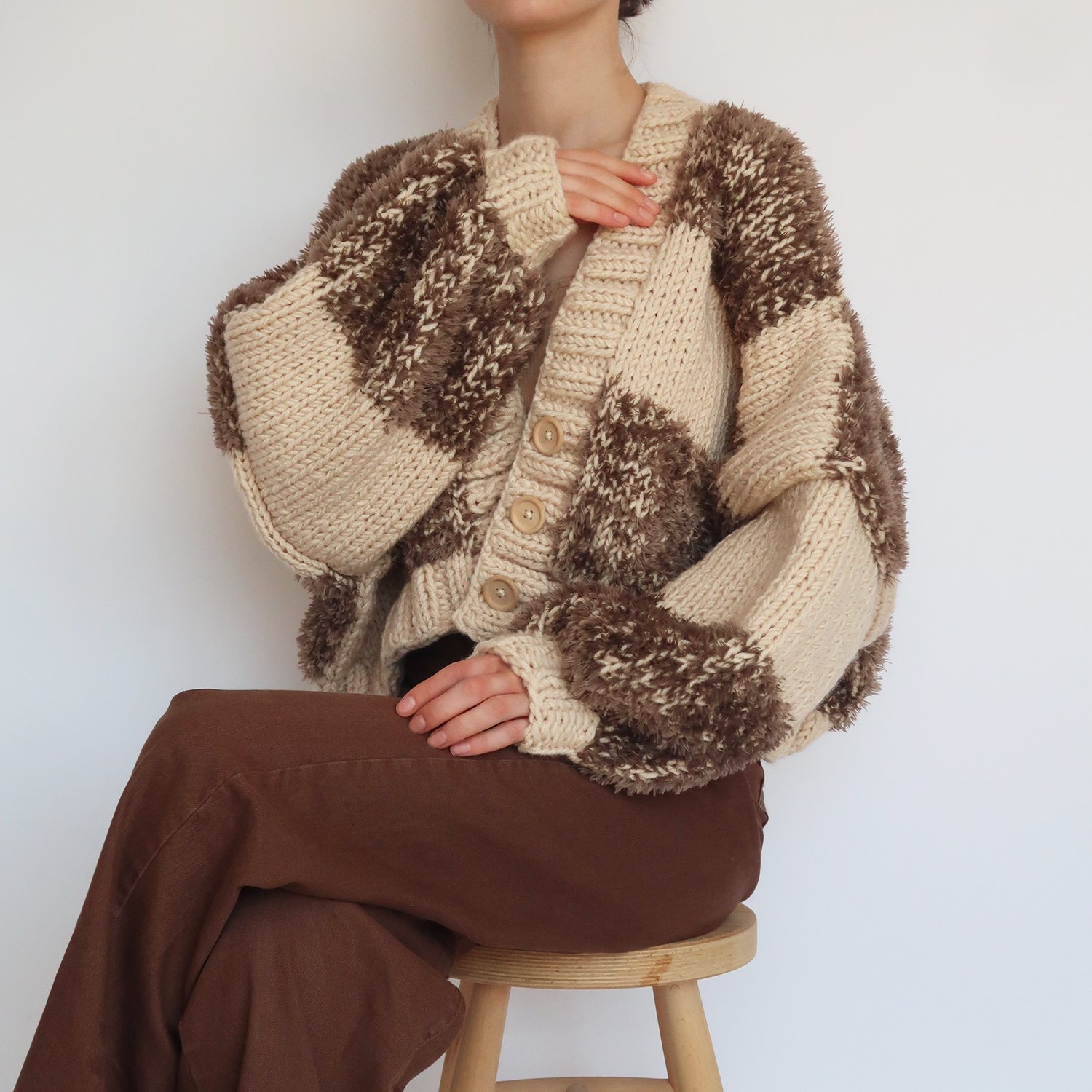 Light Brown Fluffy Patchwork Cardigan