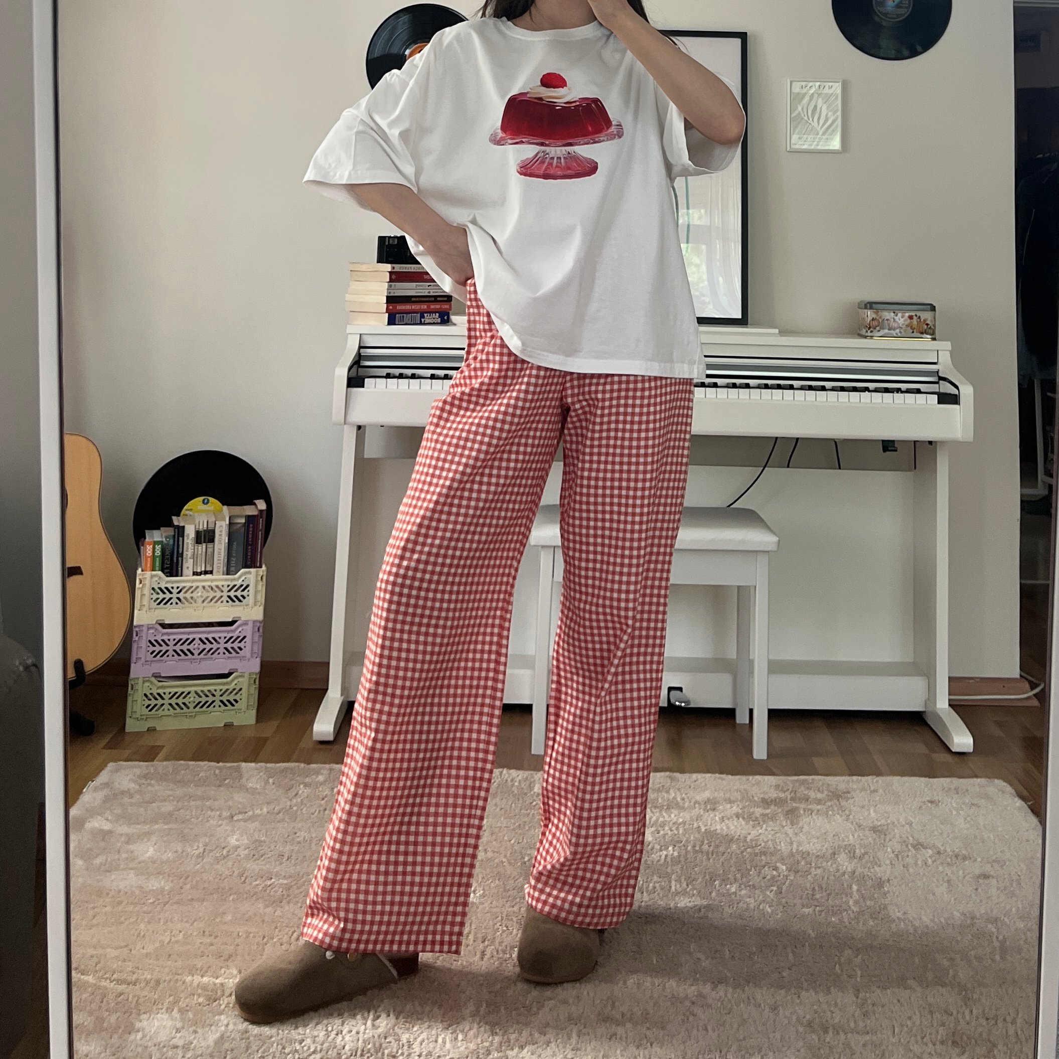 100% Linen Gingham Check Mid-Rise Trousers with Pockets - Brick Red