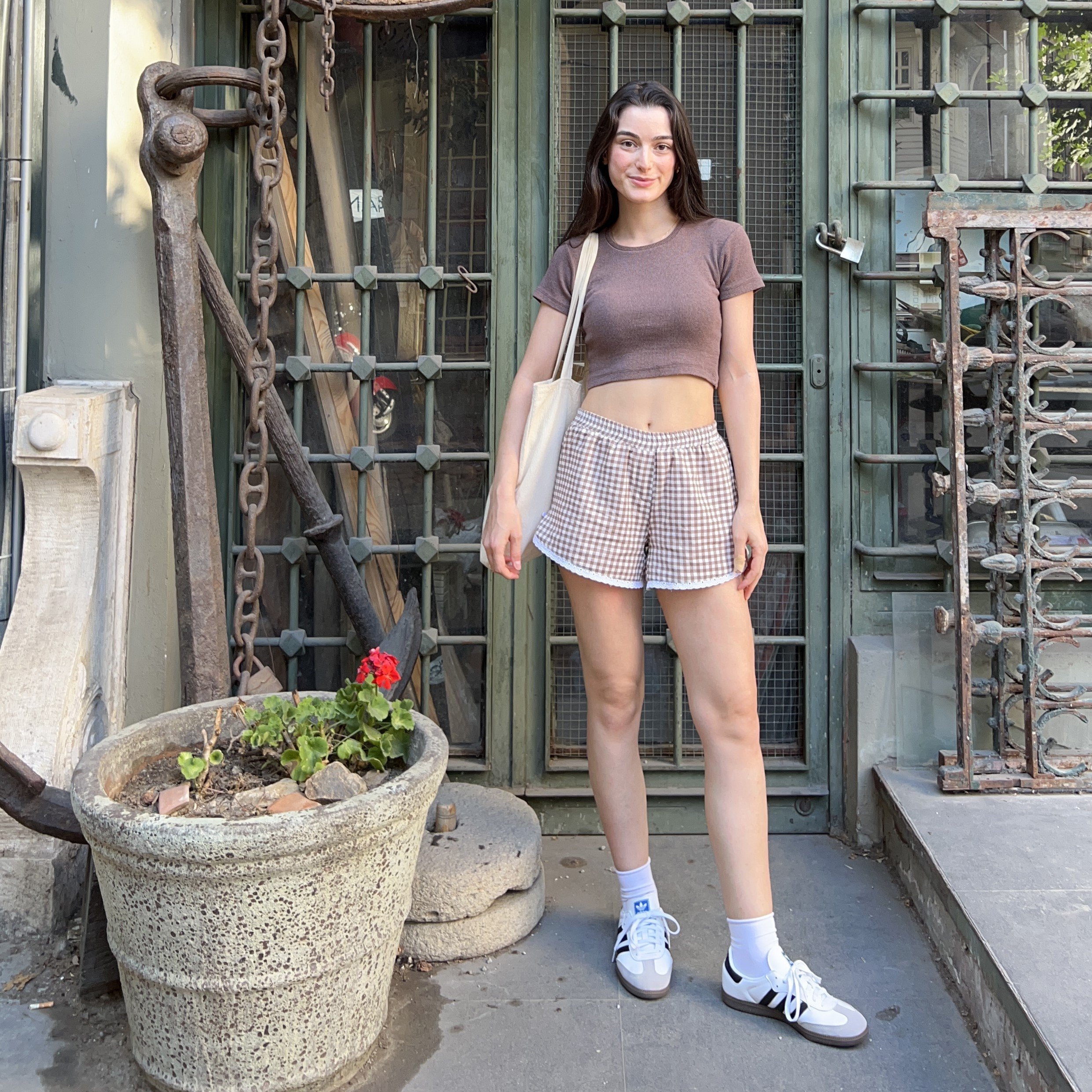 Linen Gingham Check Handmade Shorts with Lace Detail - Brown