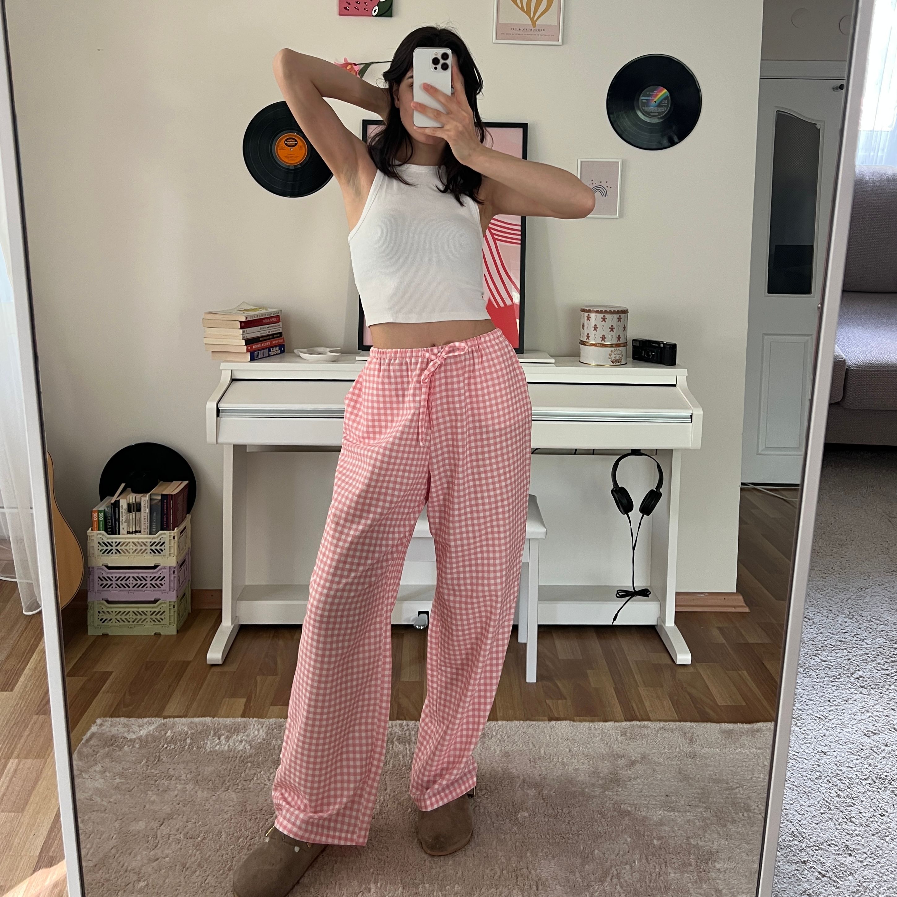 100% Linen Gingham Check Mid-Rise Trousers with Pockets - Pink