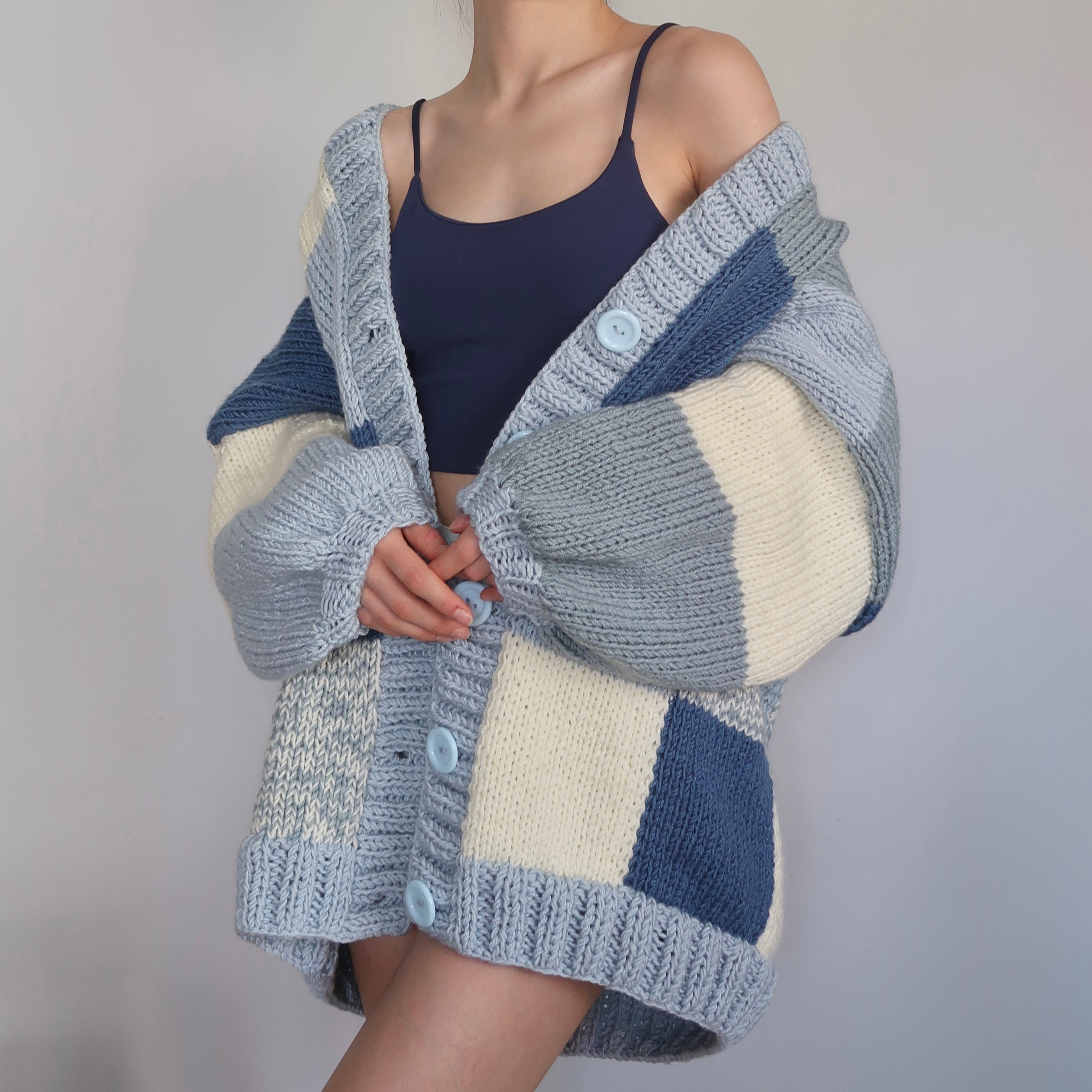 Thinner Cloud Blue Patchwork Cardigan